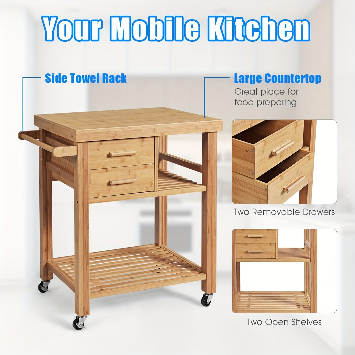 Bamboo Rolling Kitchen Trolley Cart With Towel Rack And Drawers, Classic Style, Portable Wood Island On Wheels, Versatile Storage For Home And Dining