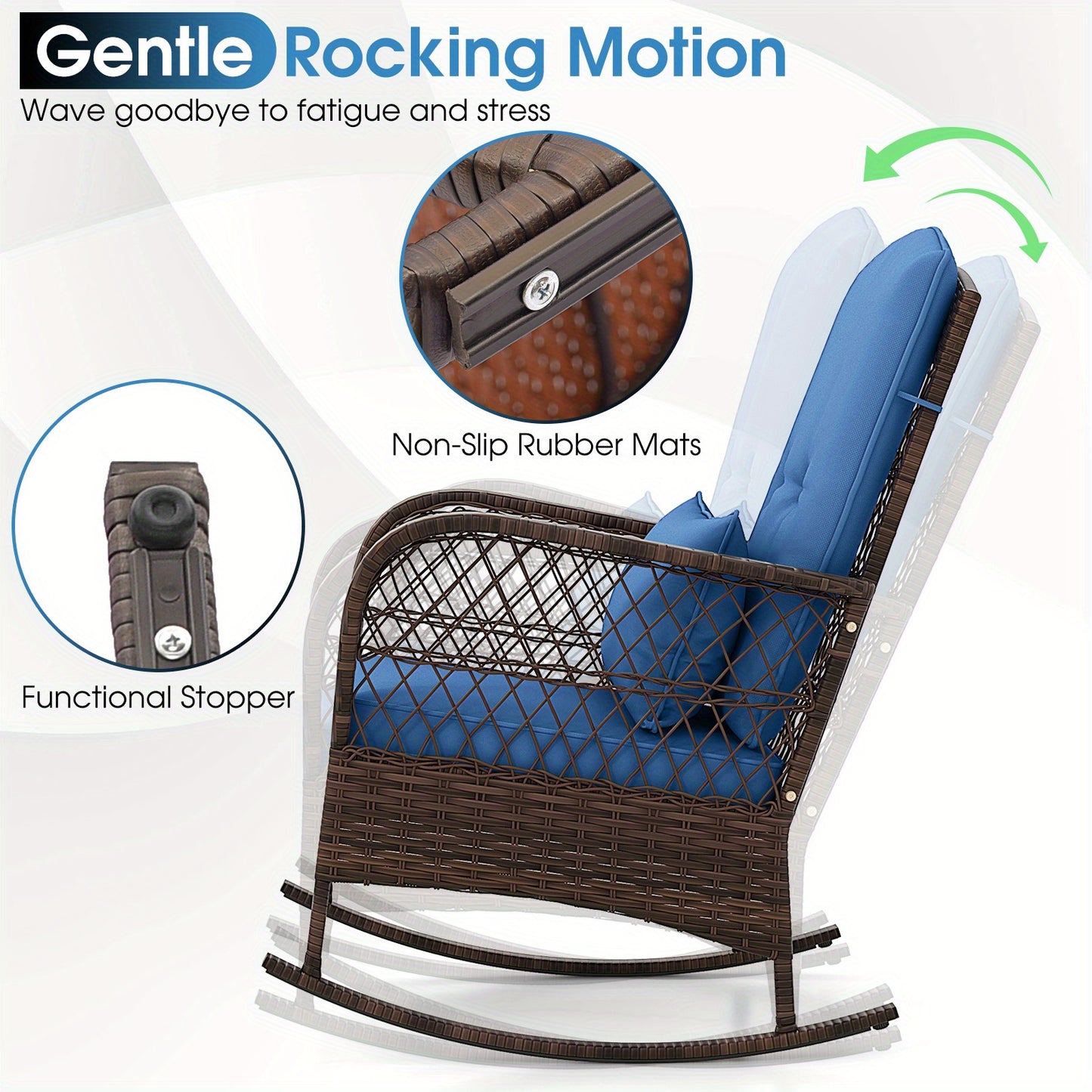 3pcs Patio Rocker Set, Outdoor Wicker Rocking Chairs w/ Double-Layer Coffee Table, Rattan Rocker Chair Set w/ Seat Back Cushions & Pillows, for Porch, Backyard, Poolside.