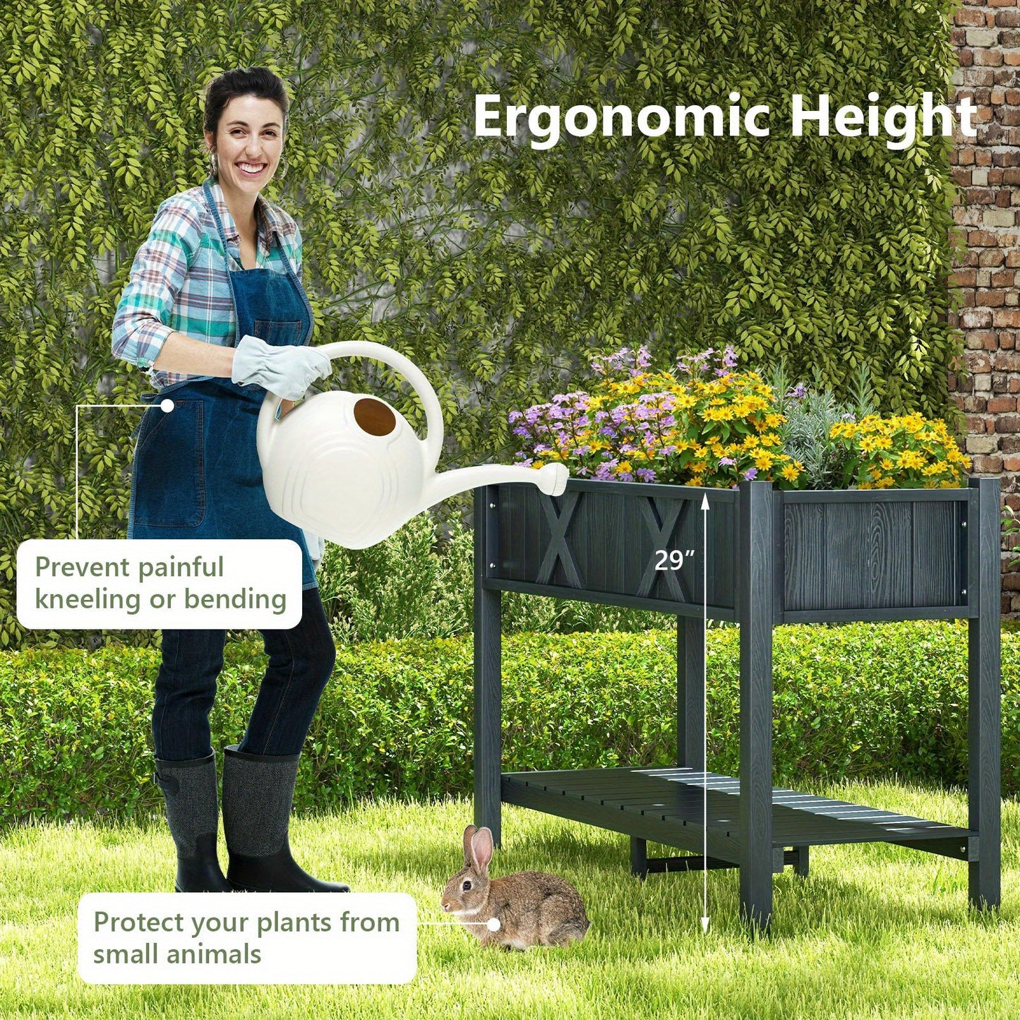 HIPS Raised Garden Bed Poly Wood Elevated Planter Box w/ Legs, Storage Shelf