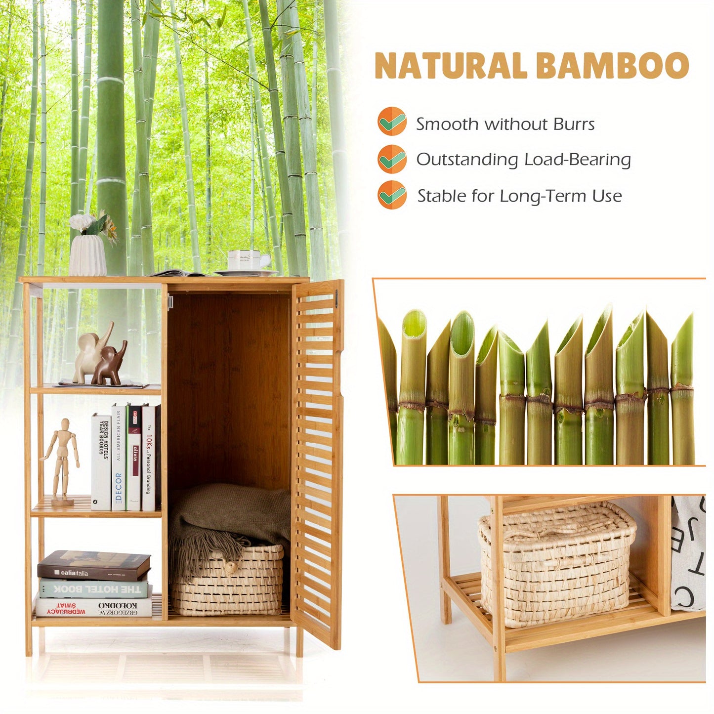 Bathroom Cabinet Bamboo Storage Floor Cabinet w/ Single Door & 3 Open Shelves