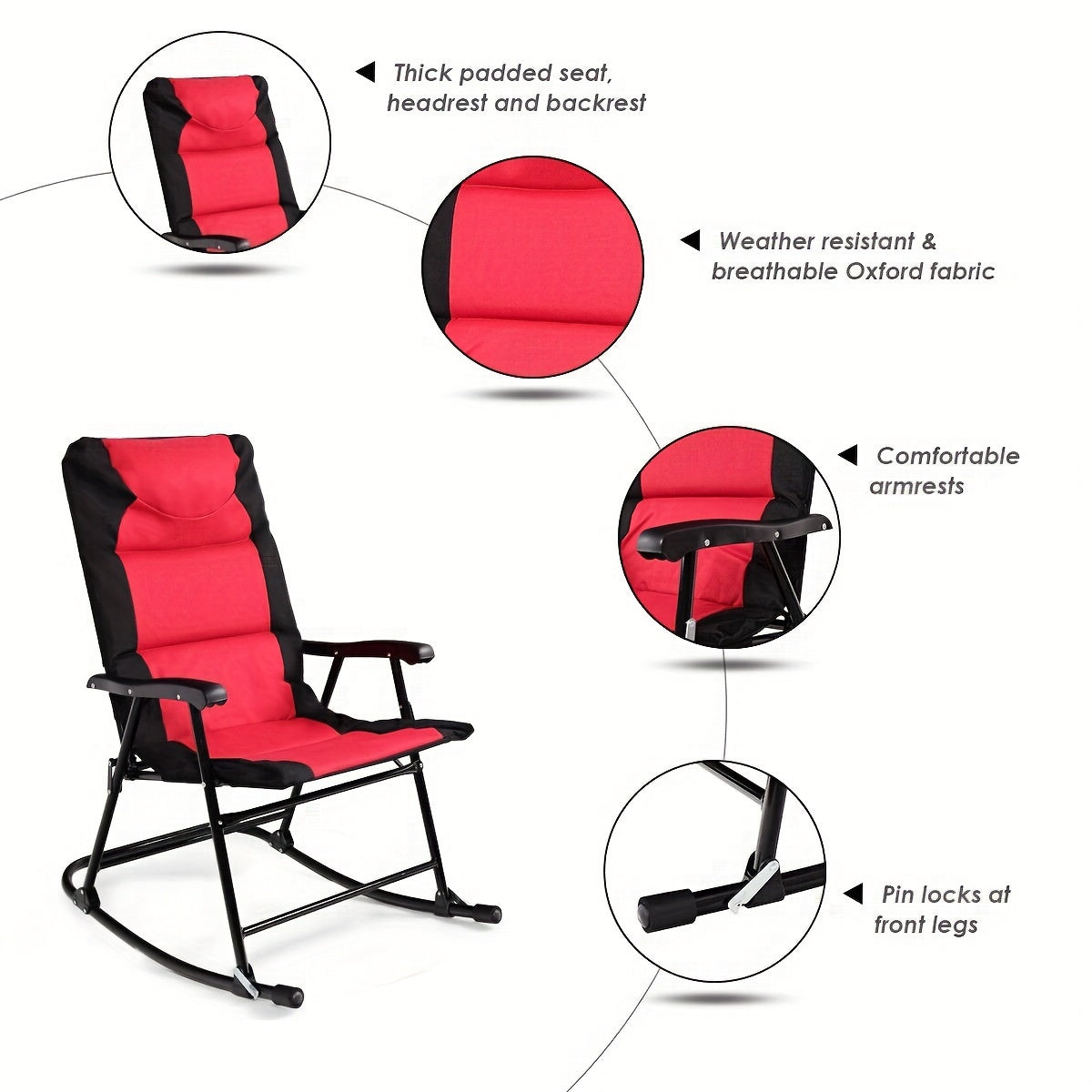 2pcs Rocking Chairs With Cushions & 1pc Glass Top Table, 3pcs Folding Bistro Set, Steel Garden Furniture In Red, Outdoor Patio Set, Space-Saving & Comfort Design, 42.0"x33.0"x27.0" Chairs, 19.0"x20.0" Table