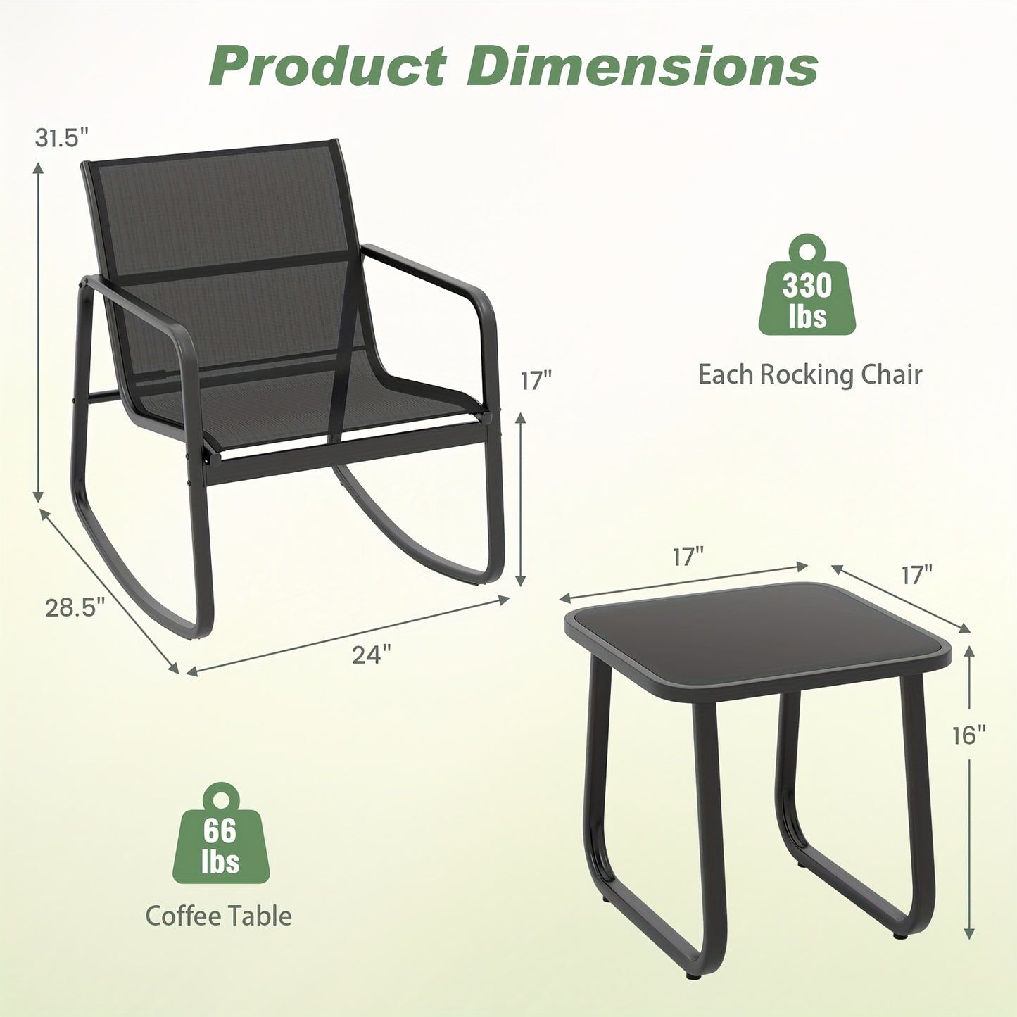 3pcs/set COSTWAY Patio Rocking Chairs Set - 2 Rocking Bistro Chairs & Glass-Top Table For Porch