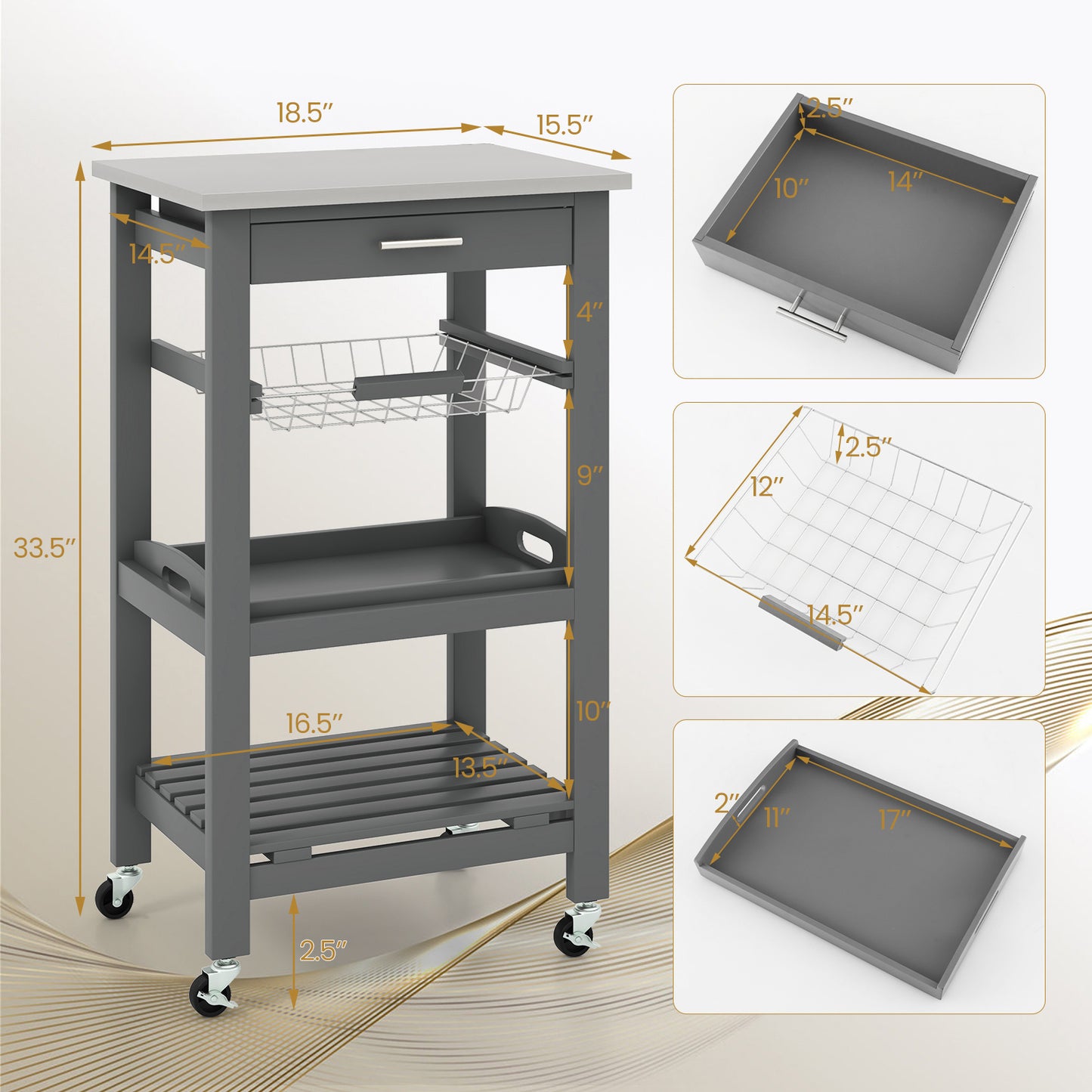 Kitchen Island on Wheels, Rolling Kitchen Cart with Stainless Steel Countertop, Slide-out Metal Wire Basket, Serving Tray, Lockable Casters, Utility Storage Trolley for Kitchen, Dining Room