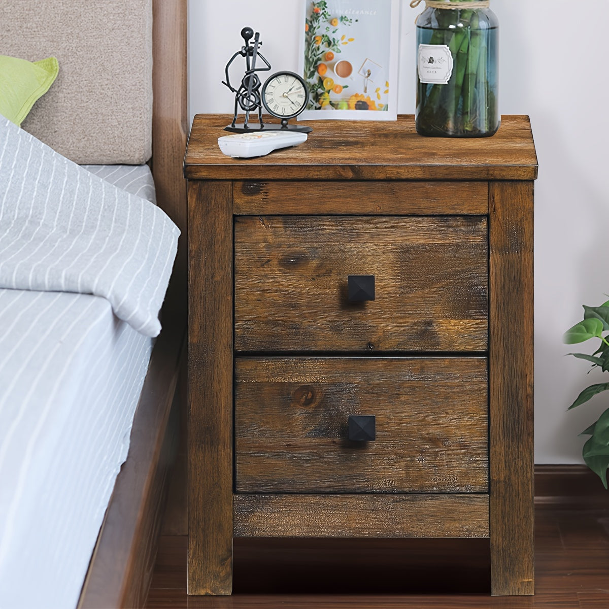 1pc Rustic Wooden Nightstand With 2 Sliding Drawers, 17x21x14.5 Inches, Vintage Bedside Sofa Side End Coffee Table For Bedroom Storage, Farmhouse Style Bedroom Furniture