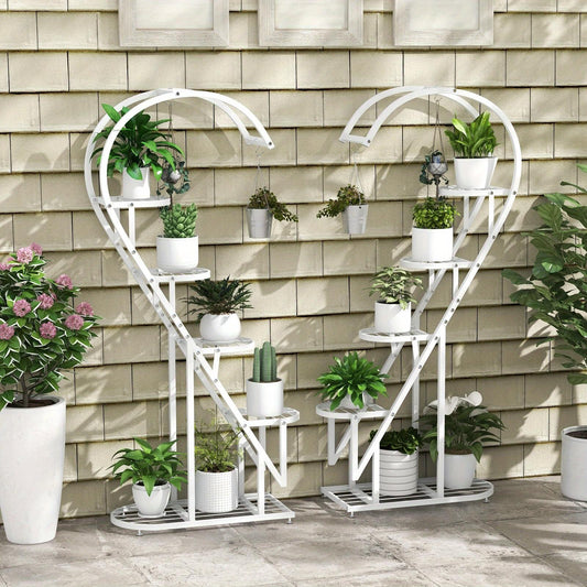 5 Tier Metal Plant Stand, Heart-shaped Ladder Plant Holder w/Hanging Hook for Multiple Plants, Indoor Corner Flower Rack for Home Decor, Patio, Balcony, Garden, Black/White/Pink & Blue