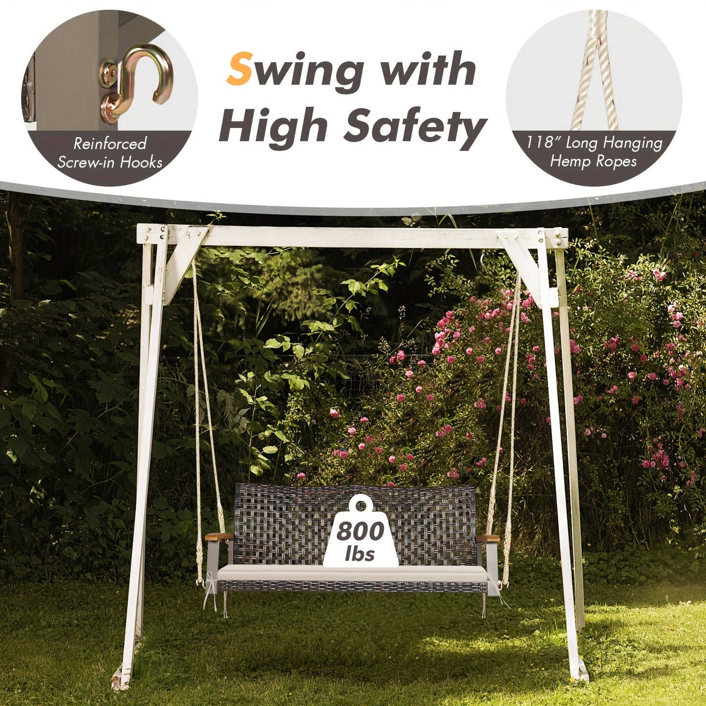2-Person Patio Rattan Hanging Swing Chair Porch Loveseat Cushion White