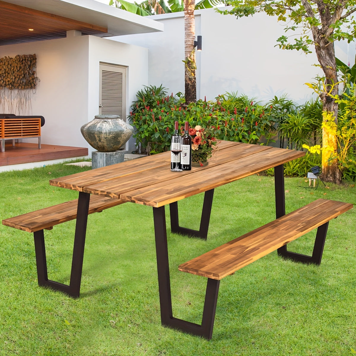 Picnic Table Bench Set Outdoor Camping Wooden 2 Benches w/Umbrella Hole Patented