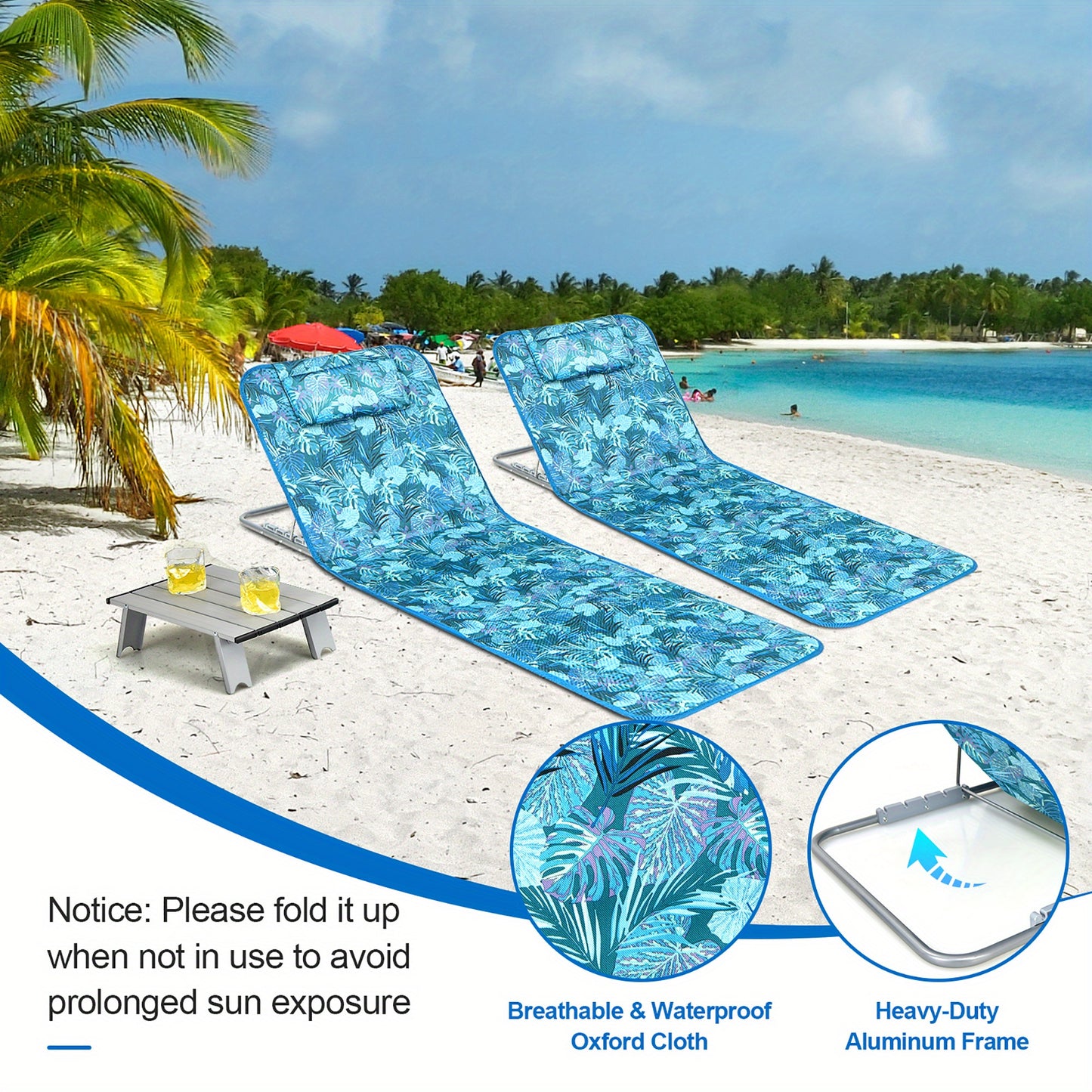 3-Piece Beach Lounge Chair Mat Set 2 Adjustable Lounge Chairs with Table Green