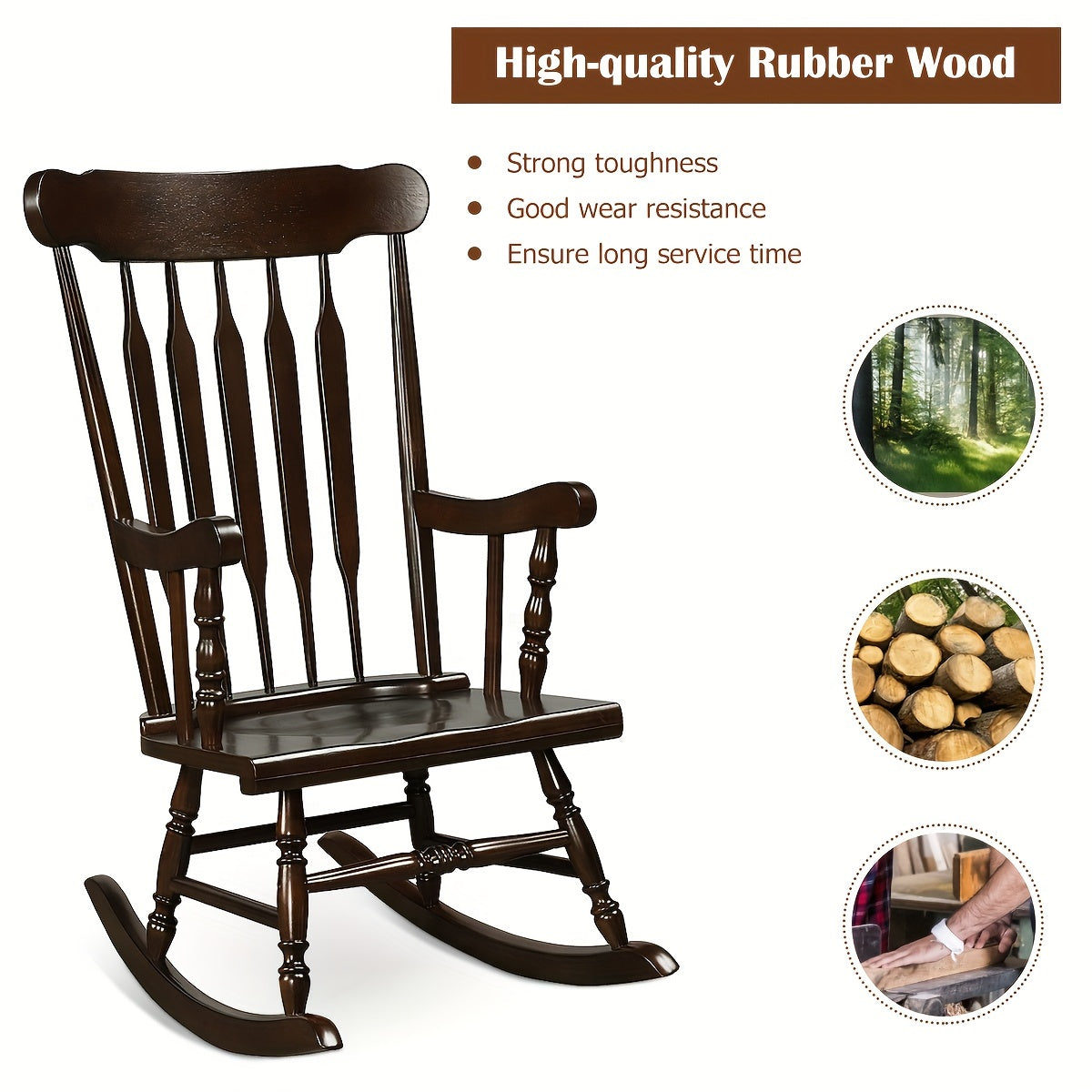 1pc Traditional Solid Wood Rocking Chair, Porch Rocker With Glossy Coffee Finish, Indoor/Outdoor Comfortable Seating, 300 Lbs Weight Capacity, 46.5" Height