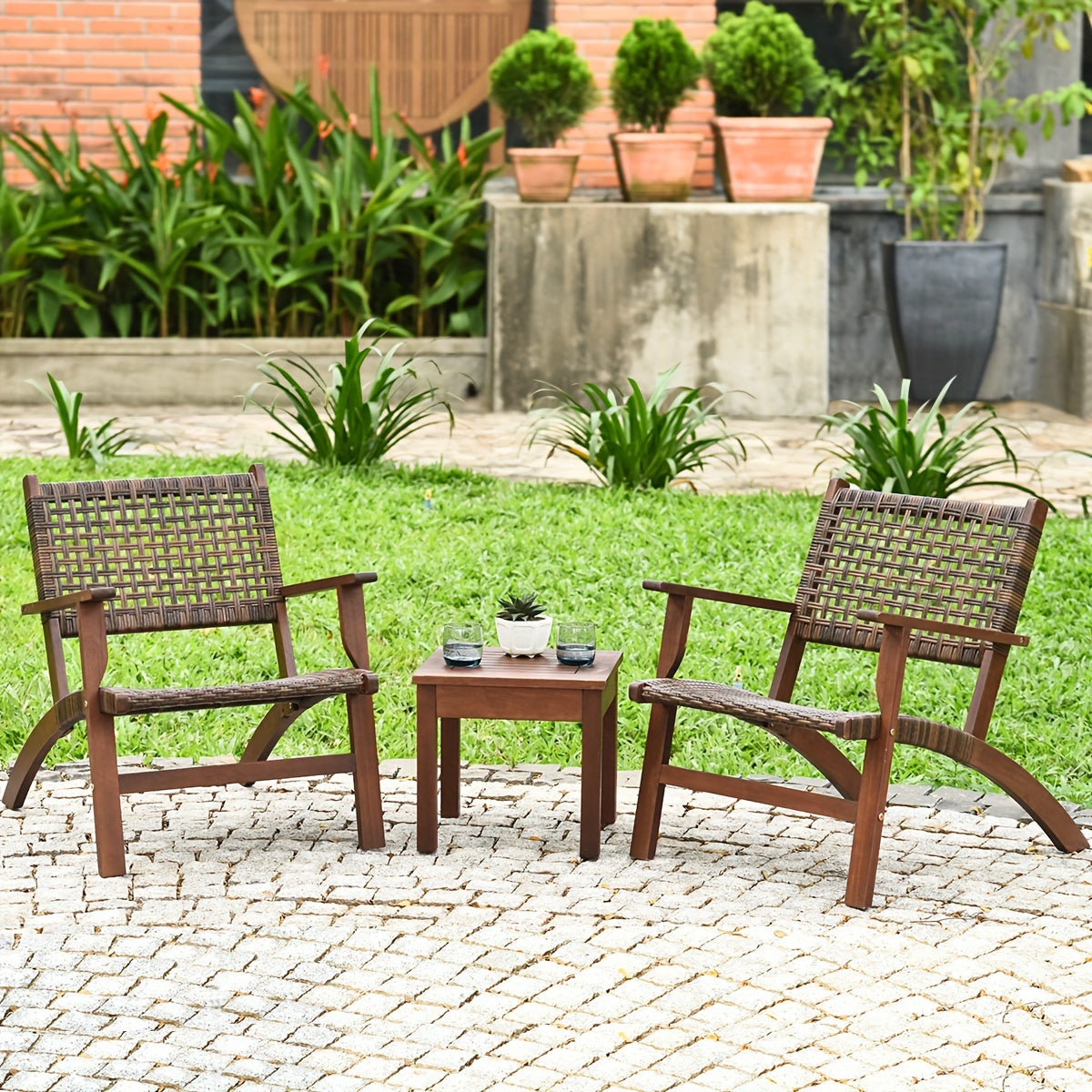 3pcs Outdoor Patio Rattan Furniture Set, Solid Wood Frame Chair And Coffee Table