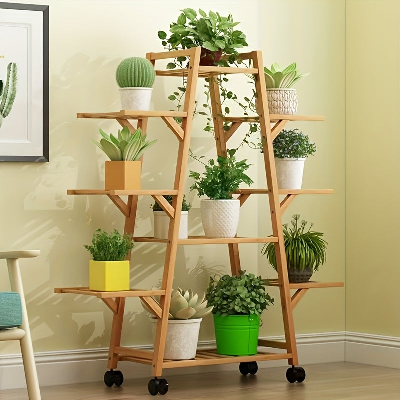 3-Tier Wooden Plant Stand with Wheels - Mobile Indoor/Outdoor Rolling Shelf for Potted Plants, Space-Saving A-Frame Design, Rustic Home Decor & Gardening Tool Organizer, Durable Wooden Construction