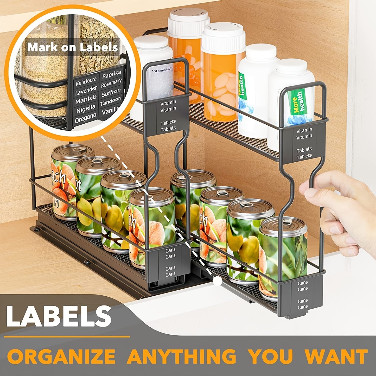 2pcs Spice Rack Organizer For Cabinets, Heavy Duty Slide Out Design With Labels, 5.2" W X 10.75" D X 10" H, No Jars