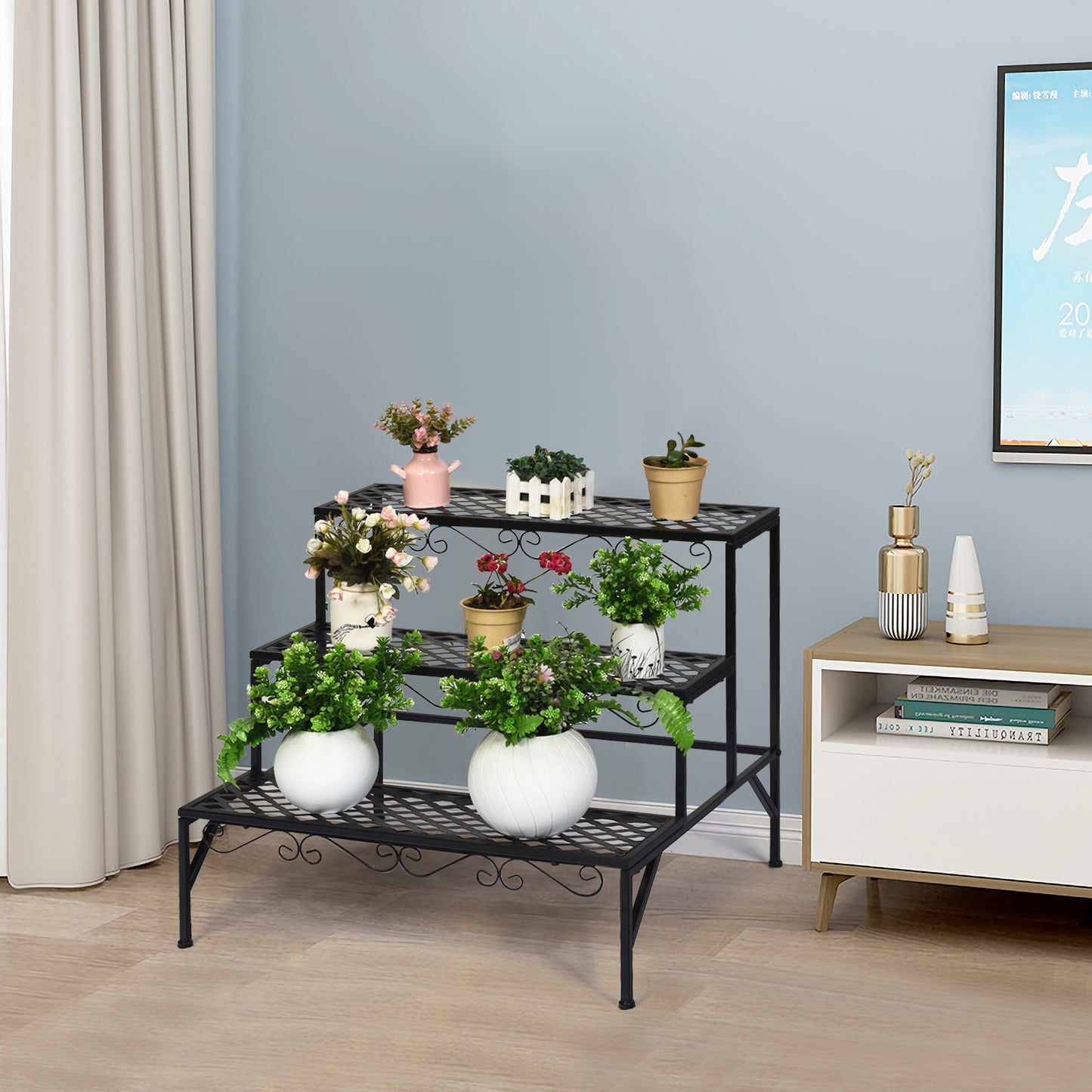 3 Tiers Metal Plant Stand Ladder Flower Pot Rack Decorative Planter Holder