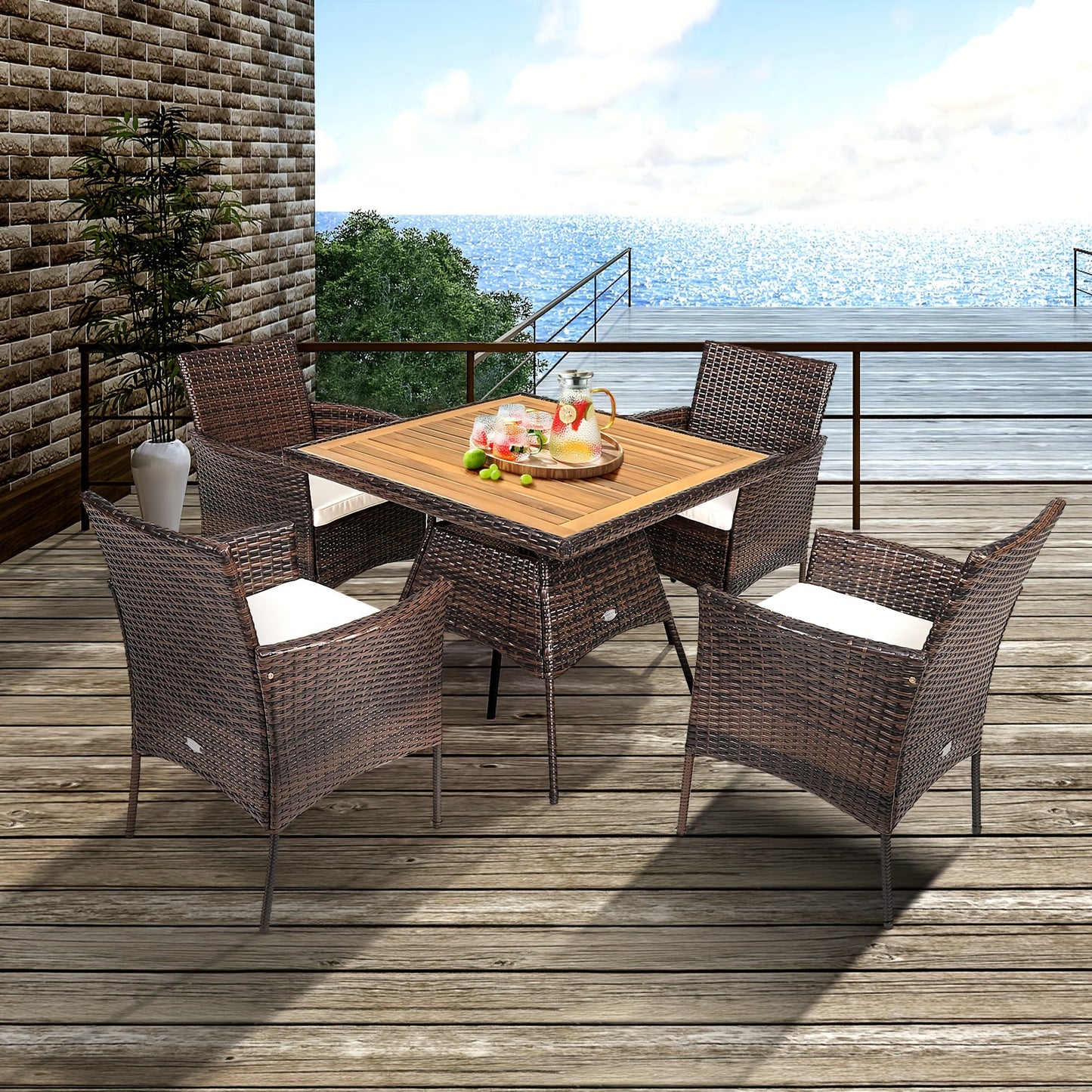 5pcs Patio Dining Set with Acacia Wood Table and PE Rattan Arm Chairs, Mixed Brown & Off White, Patio Dining Table Set, Wooden Table Top