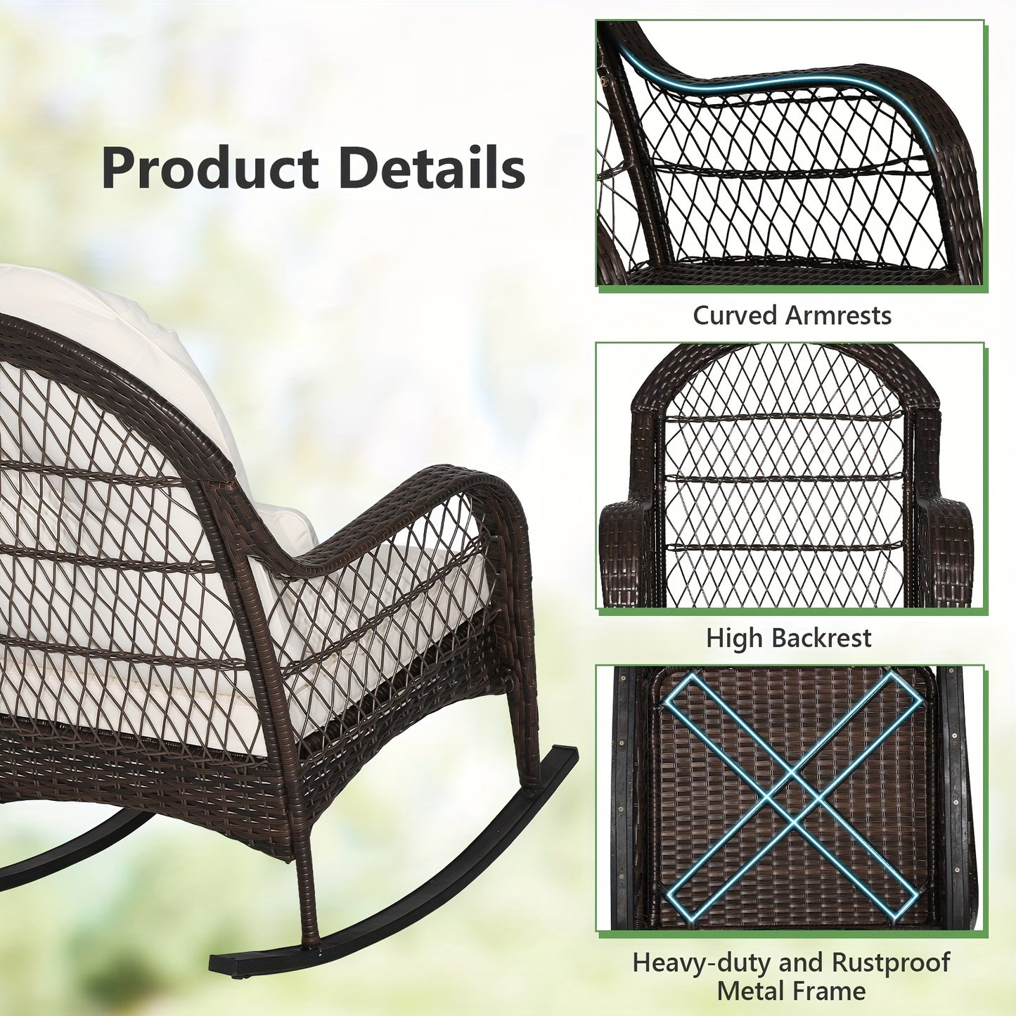 Patio Wicker Rocking Chair W/Seat Back Cushions & Lumbar Pillow Porch Off White