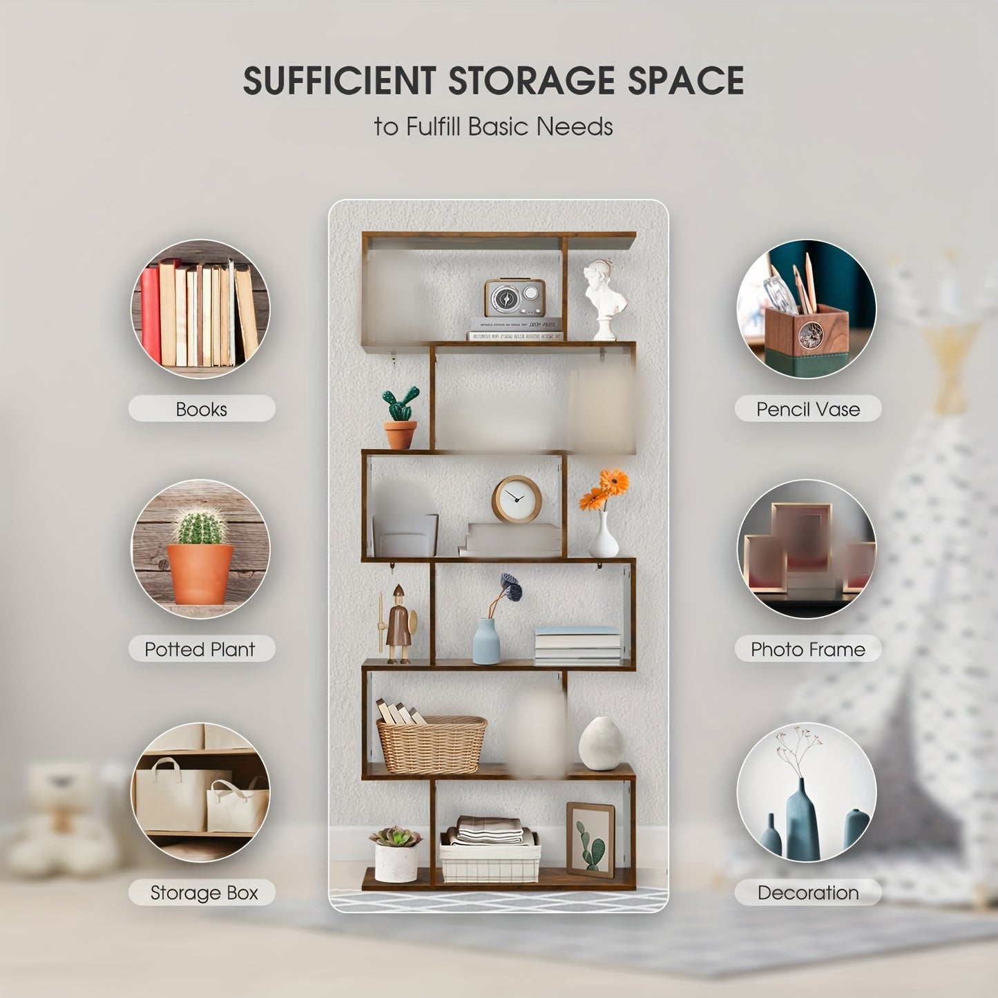 6-Tier S-Shaped Bookshelf - Modern Hardwood Display Shelving Unit with Anti-Tip Design, 75" Height, 44 lbs Weight Capacity, Perfect for Living Room, Study, or Bedroom Decor, Bookshelf Decorations