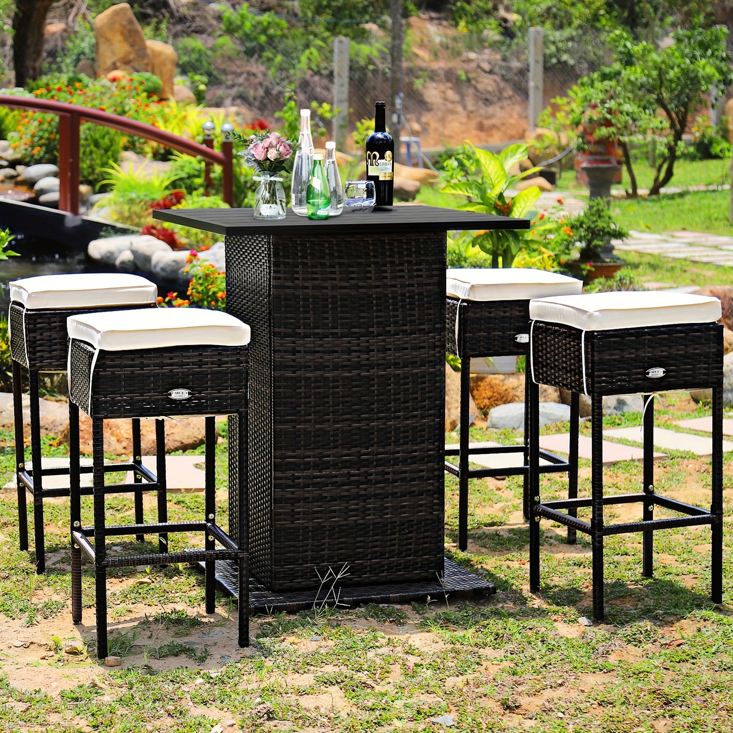 5pcs Rattan Patio Bar Set with Hidden Storage - Includes Table, 4 Stools & Waterproof Cushions - Weather-Resistant PE Wicker for Outdoor Gatherings, Shelf