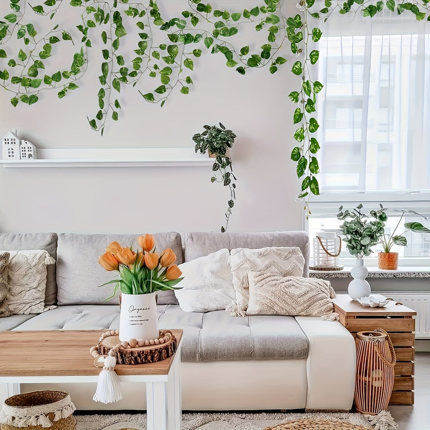 Realistic Artificial Ivy Garland , Lush Green Vines with Dense Foliage, No Maintenance Decor for Wedding, Home, Party, Patio - Durable Plastic Ivy Garland, Party Embellishments, Natural Look Foliage, Easyhang Design, Wedding Decoration, Hanging Greenery