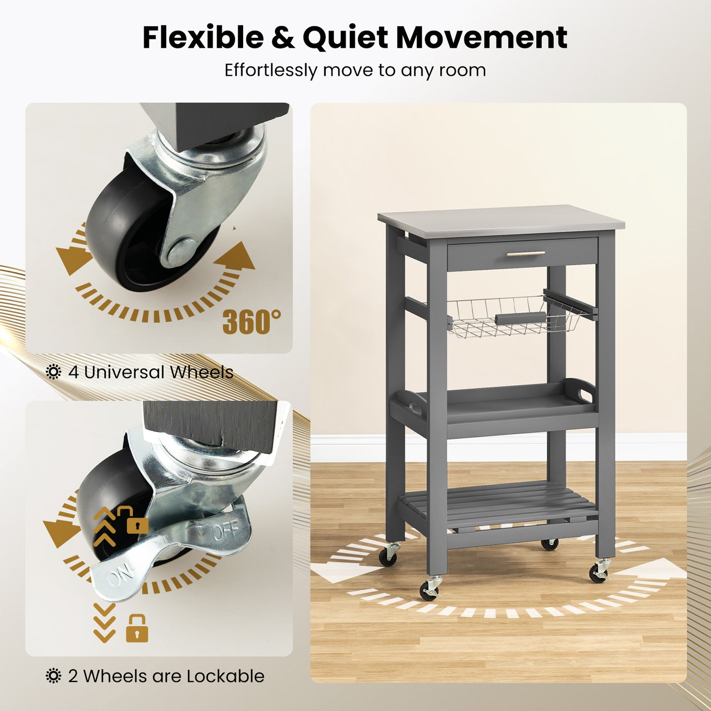 Kitchen Island on Wheels, Rolling Kitchen Cart with Stainless Steel Countertop, Slide-out Metal Wire Basket, Serving Tray, Lockable Casters, Utility Storage Trolley for Kitchen, Dining Room