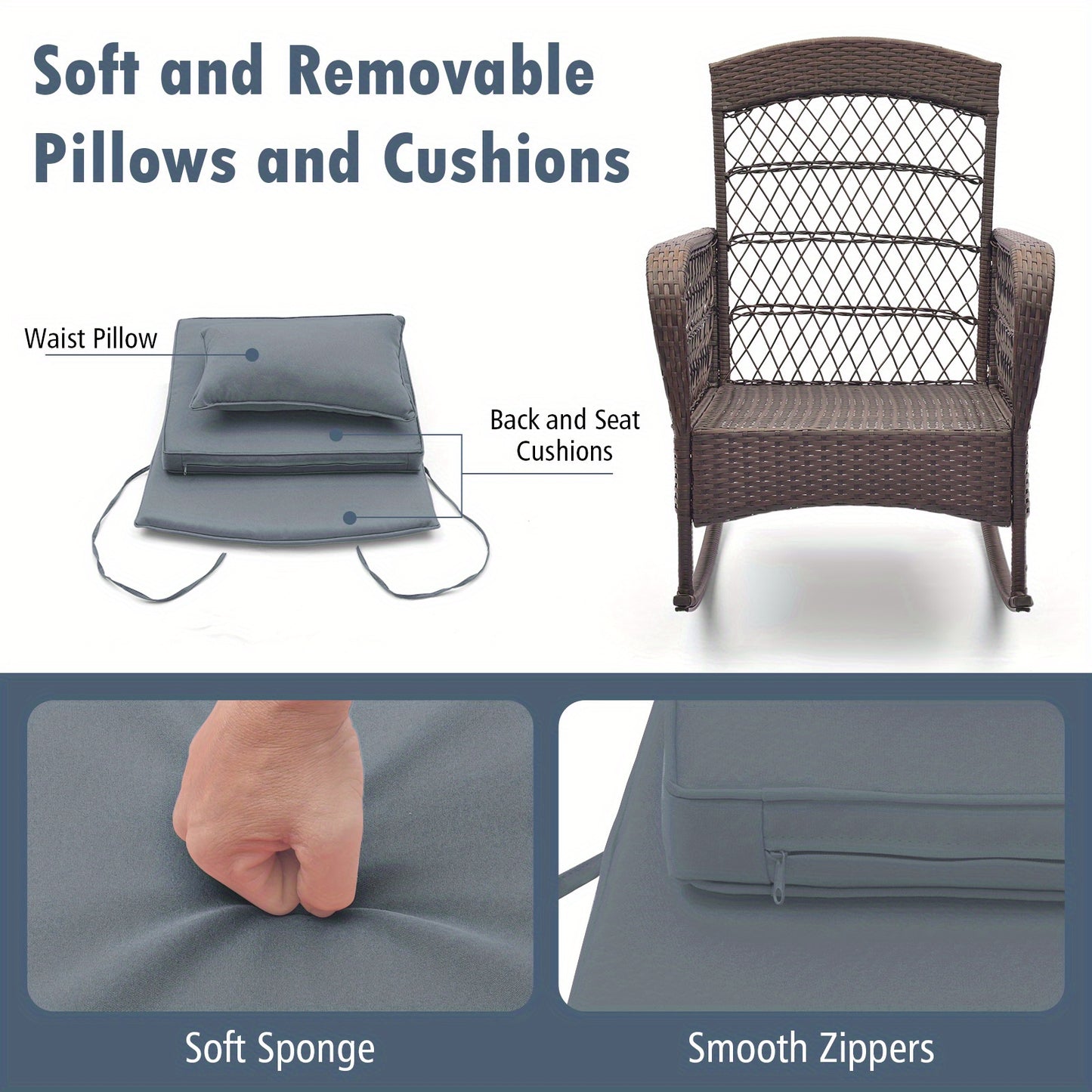 3pcs Patio Rocker Set, Outdoor Wicker Rocking Chairs w/ Double-Layer Coffee Table, Rattan Rocker Chair Set w/ Seat Back Cushions & Pillows, for Porch, Backyard, Poolside.