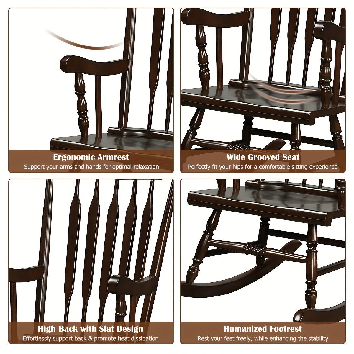 1pc Traditional Solid Wood Rocking Chair, Porch Rocker With Glossy Coffee Finish, Indoor/Outdoor Comfortable Seating, 300 Lbs Weight Capacity, 46.5" Height