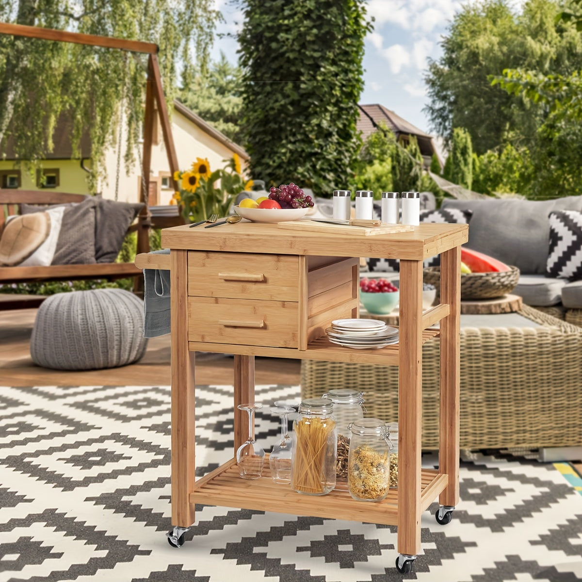 Bamboo Rolling Kitchen Trolley Cart With Towel Rack And Drawers, Classic Style, Portable Wood Island On Wheels, Versatile Storage For Home And Dining