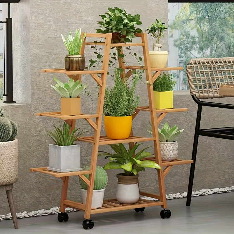 3-Tier Wooden Plant Stand with Wheels - Mobile Indoor/Outdoor Rolling Shelf for Potted Plants, Space-Saving A-Frame Design, Rustic Home Decor & Gardening Tool Organizer, Durable Wooden Construction