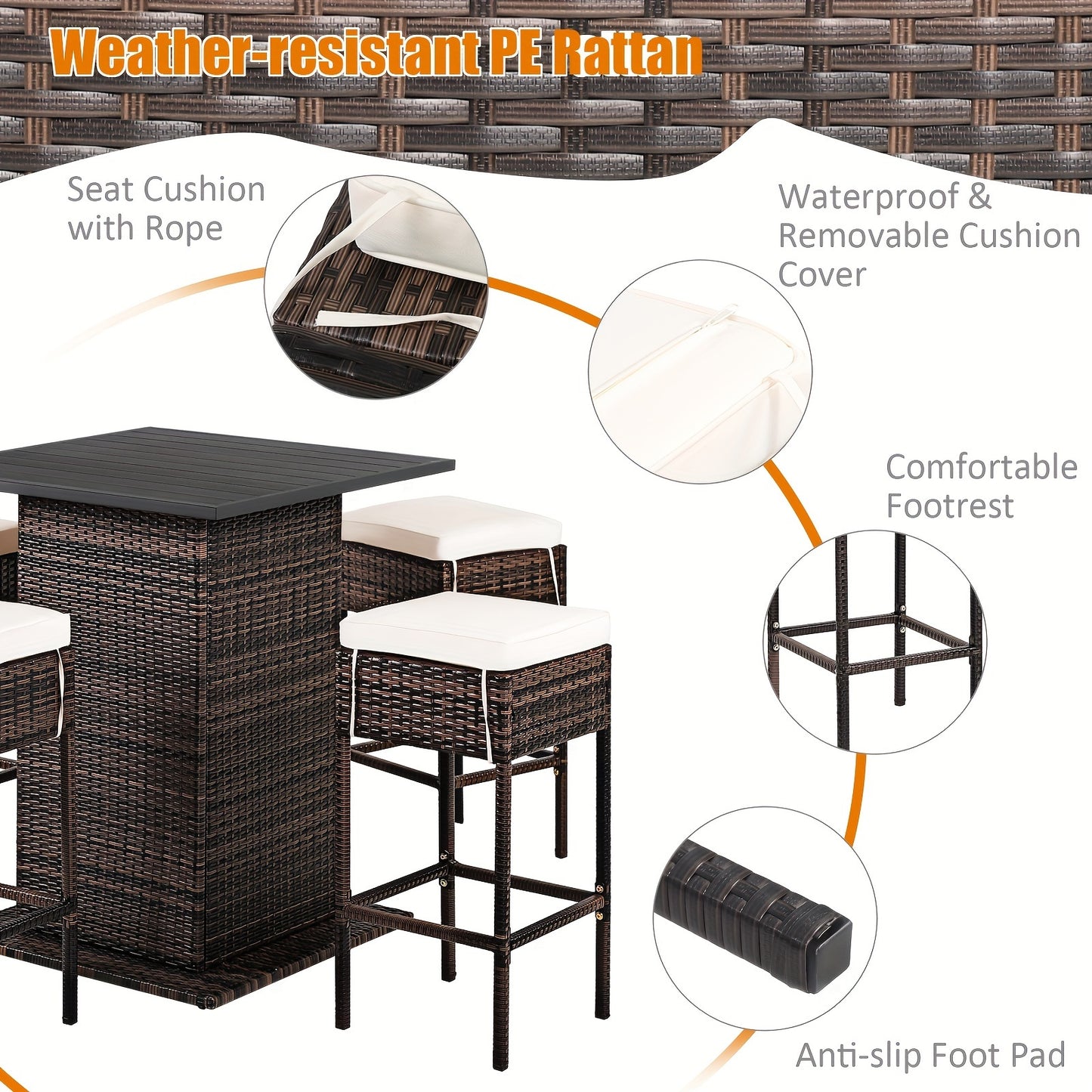 5pcs Rattan Patio Bar Set with Hidden Storage - Includes Table, 4 Stools & Waterproof Cushions - Weather-Resistant PE Wicker for Outdoor Gatherings, Shelf