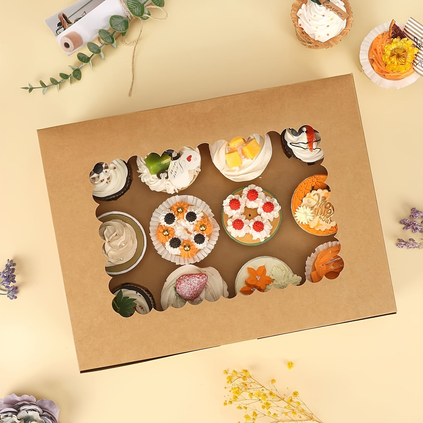 24/48/96pcs Brown Cupcake Containers - Kraft Bakery Carrier Boxes with Windows, Holds 12pcs Cupcakes, 13x10x3.5in, Includes Cardboard Inserts, Perfect for Christmas Gift Boxes, Muffins And Pastries