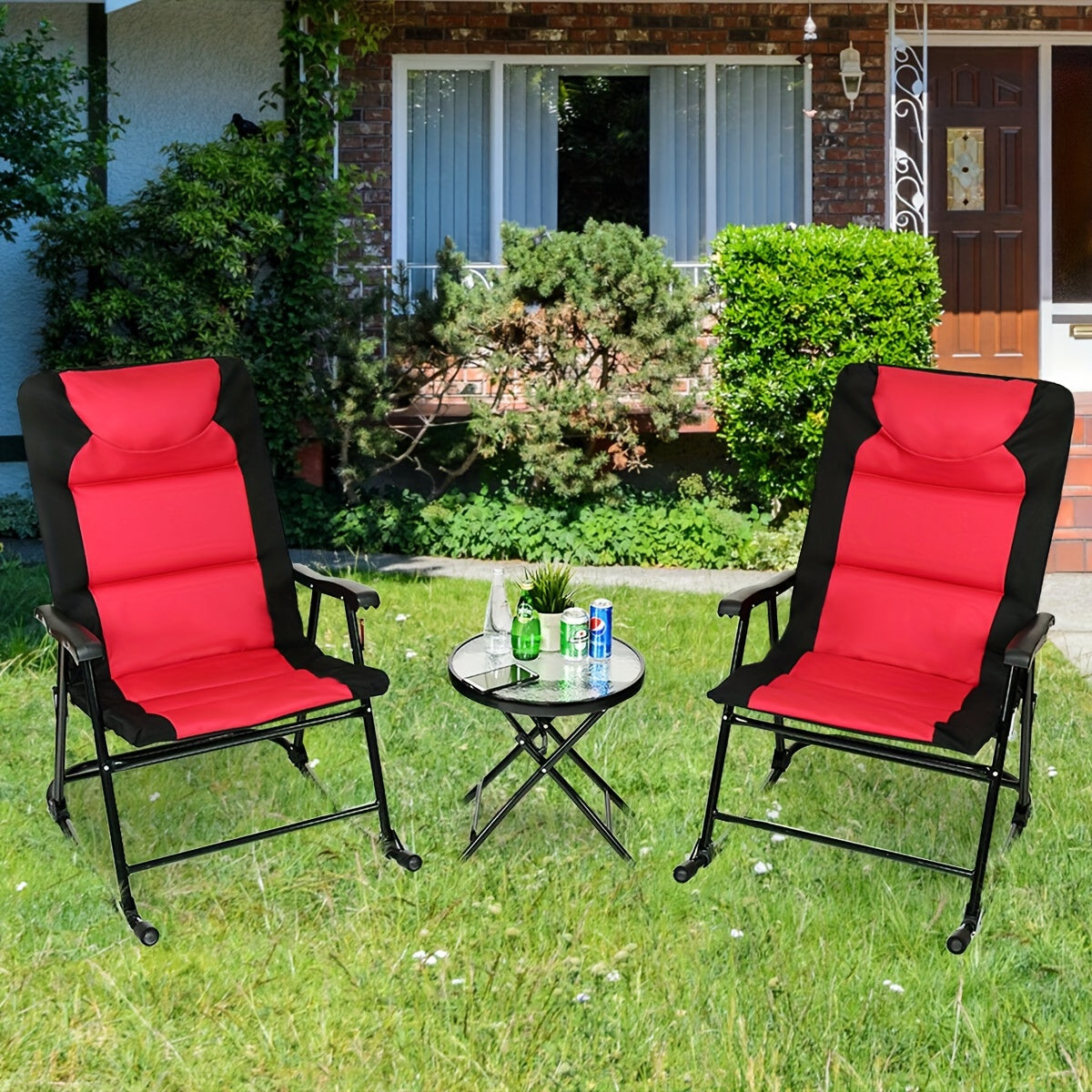 2pcs Rocking Chairs With Cushions & 1pc Glass Top Table, 3pcs Folding Bistro Set, Steel Garden Furniture In Red, Outdoor Patio Set, Space-Saving & Comfort Design, 42.0"x33.0"x27.0" Chairs, 19.0"x20.0" Table