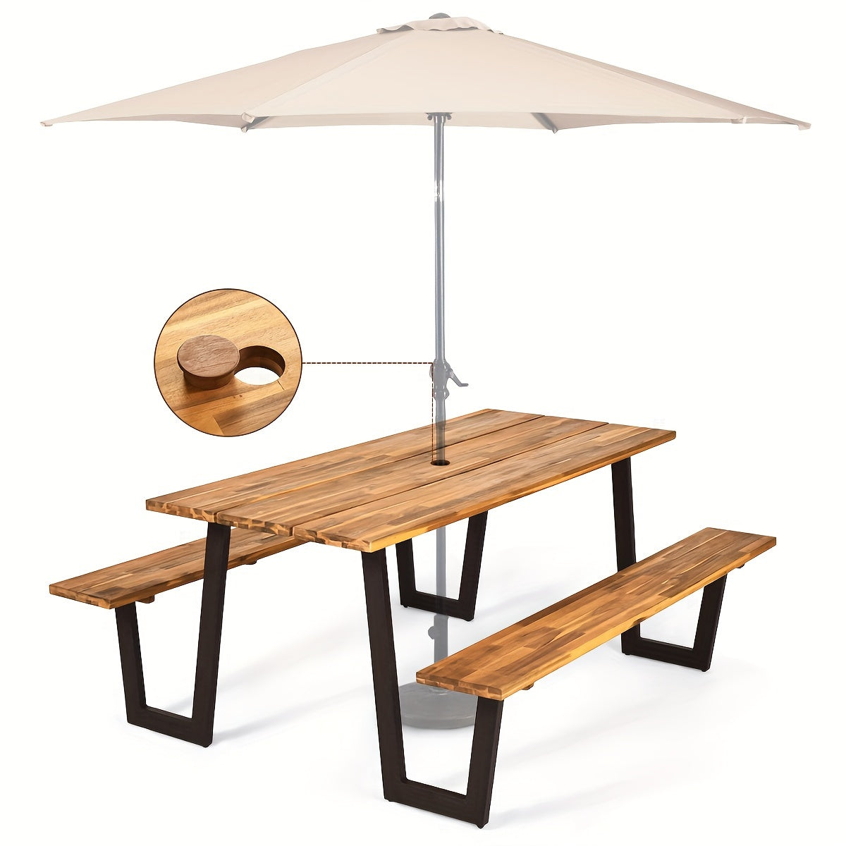 Picnic Table Bench Set Outdoor Camping Wooden 2 Benches w/Umbrella Hole Patented