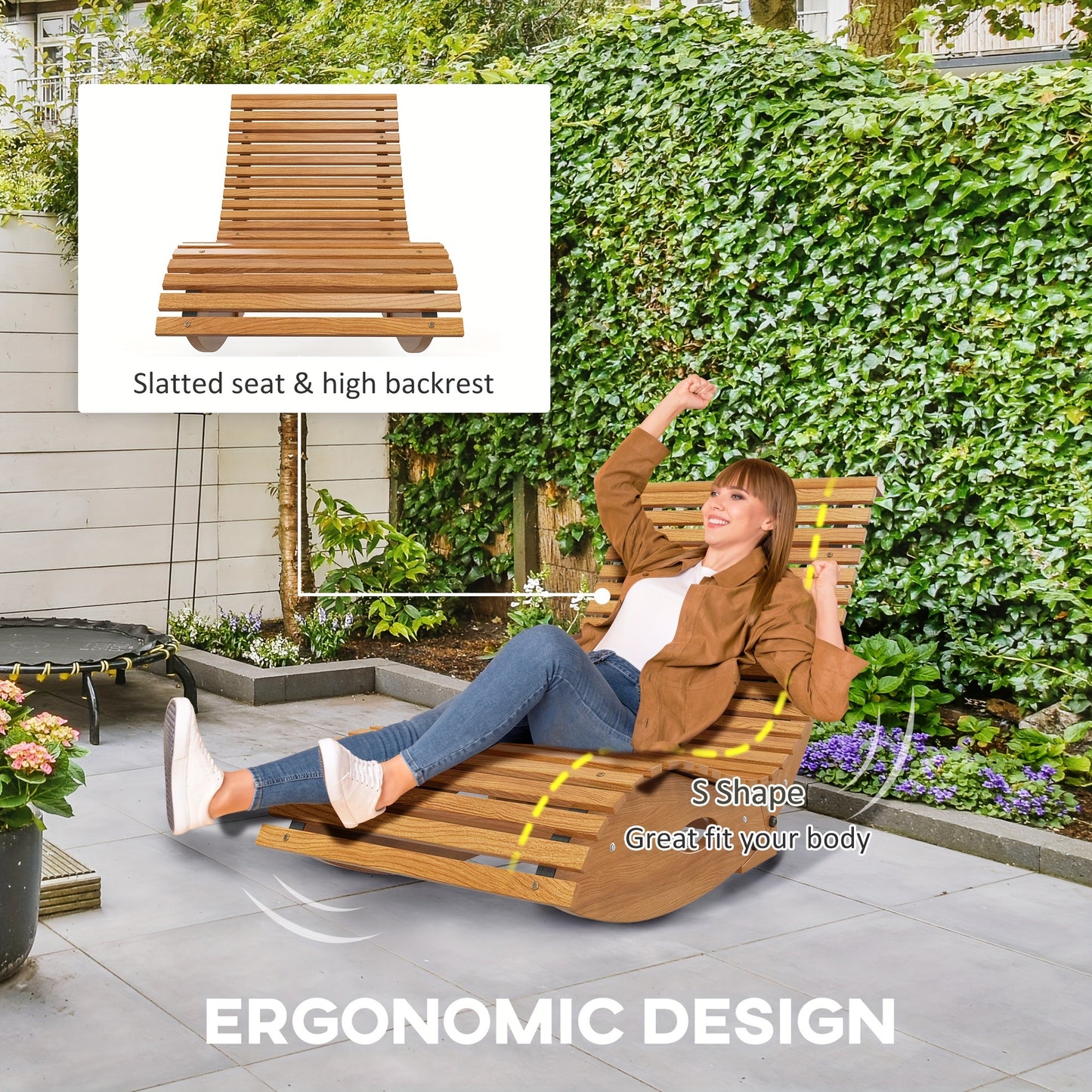 Outsunny Outdoor Rocking Chair with Slatted Seat and High Back, Wooden Rocking Chair with S Shape, Rocking Patio Chair for Backyard, Garden