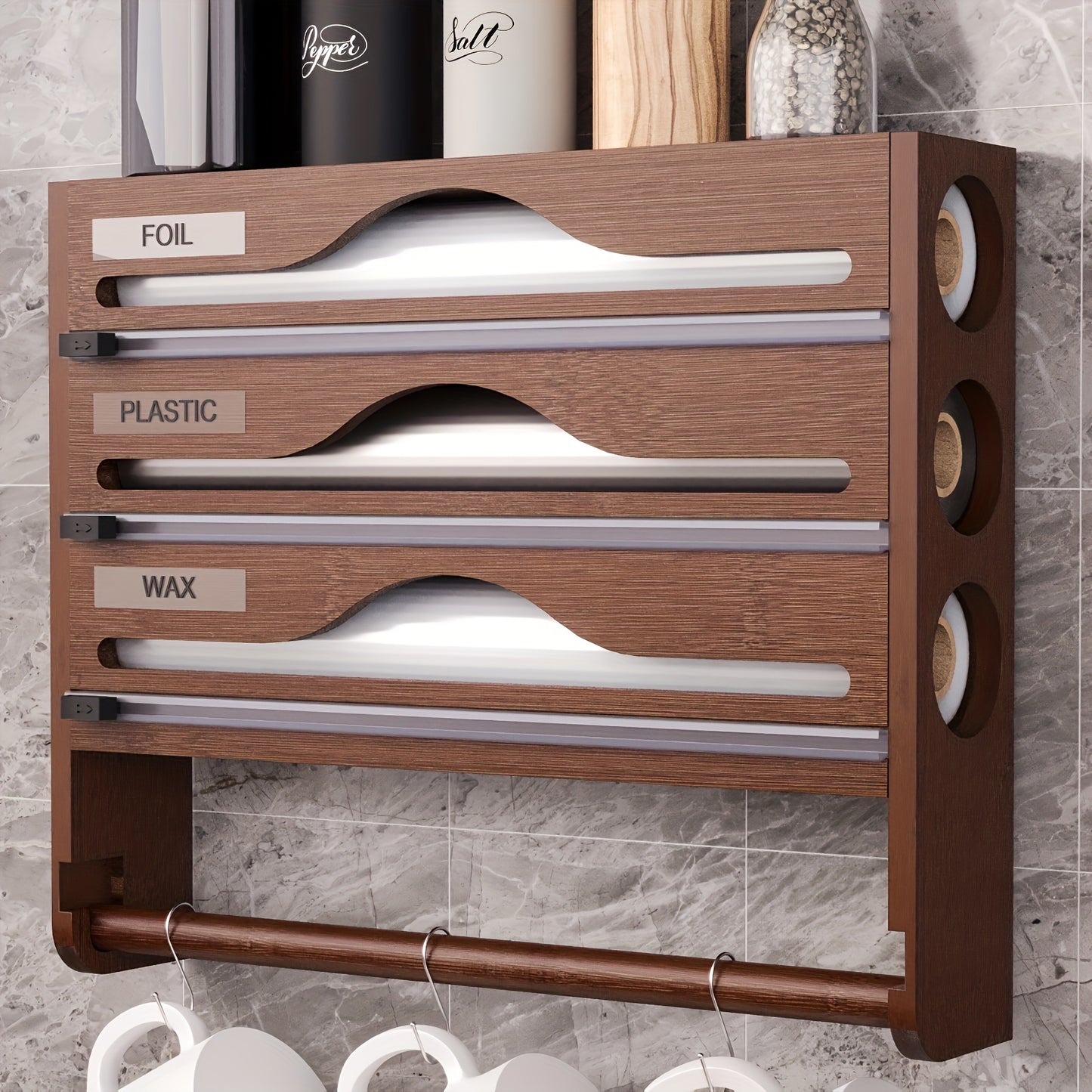 3-Section Bamboo Wrap Dispenser - Kitchen Organizer with Paper Towel Holder, Cutter, and Storage Rack for Foil, Plastic Wrap, Wax, and Accessories - High-Quality, Hand Wash Only, Multi-Purpose Use, Kitchen Storage Solution | Sleek Bamboo Design |