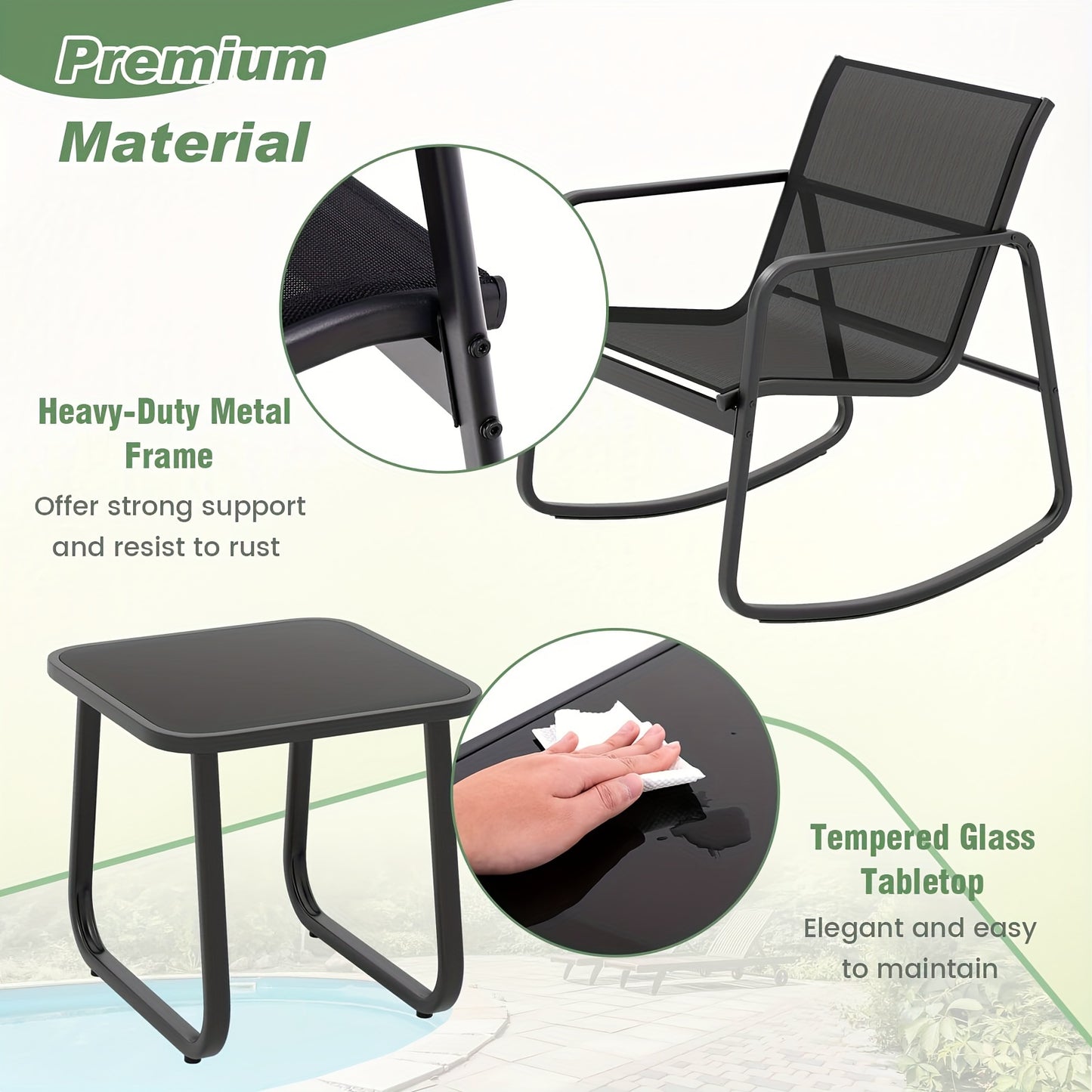 3pcs/set COSTWAY Patio Rocking Chairs Set - 2 Rocking Bistro Chairs & Glass-Top Table For Porch