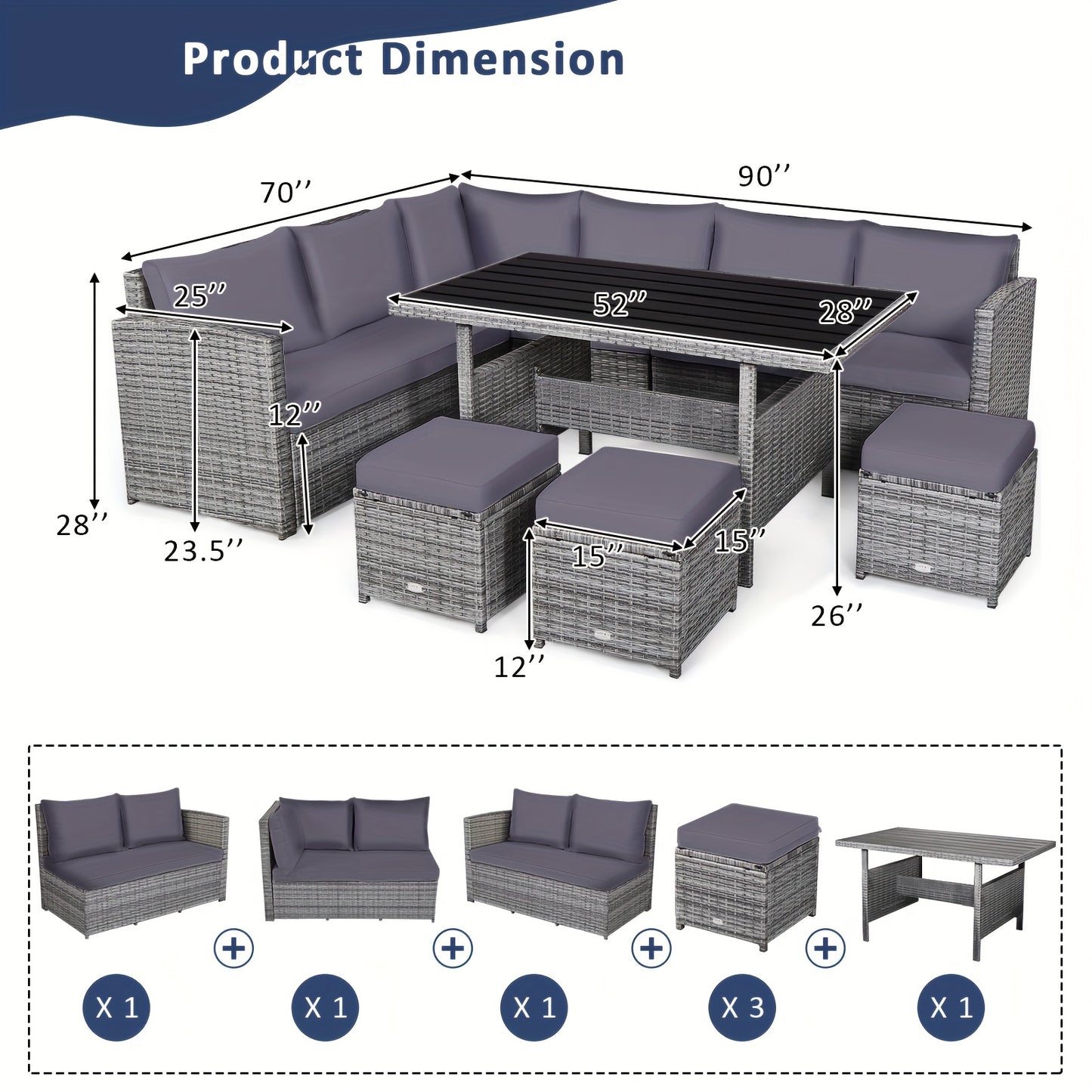 7pcs Patio Rattan Dining Set, Sectional Sofa Couch Ottoman For Garden Gray