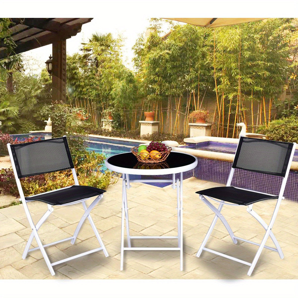 3pcs Elegant Folding Bistro Set with Black Tempered Glass Top - Durable Metal Frame & Textile Fiber Seats, Easy Clean - Ideal for Patio, Garden, Deck - No Assembly Required, Outdoor Patio Furniture