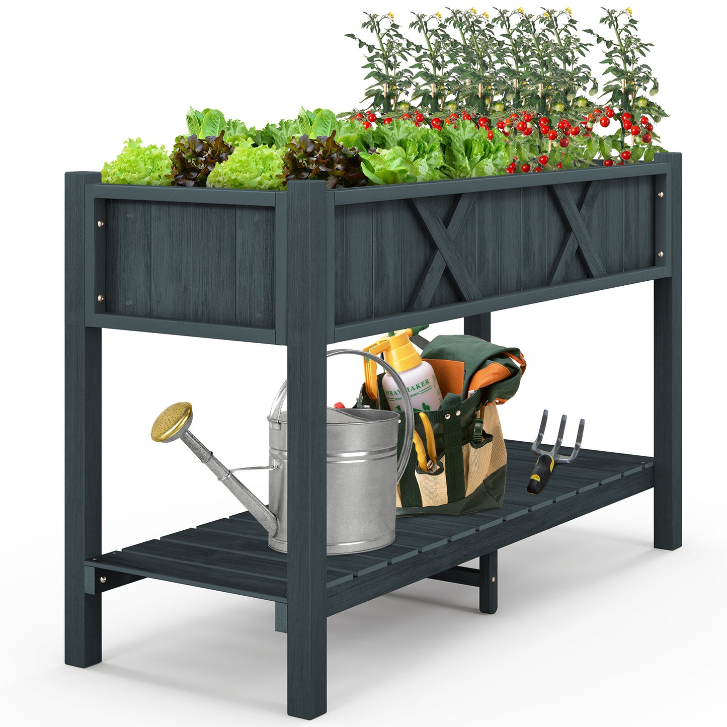 HIPS Raised Garden Bed Poly Wood Elevated Planter Box w/ Legs, Storage Shelf