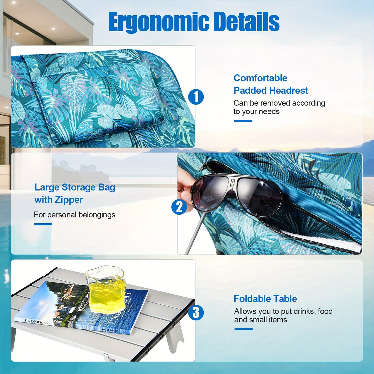 3-Piece Beach Lounge Chair Mat Set 2 Adjustable Lounge Chairs with Table Green