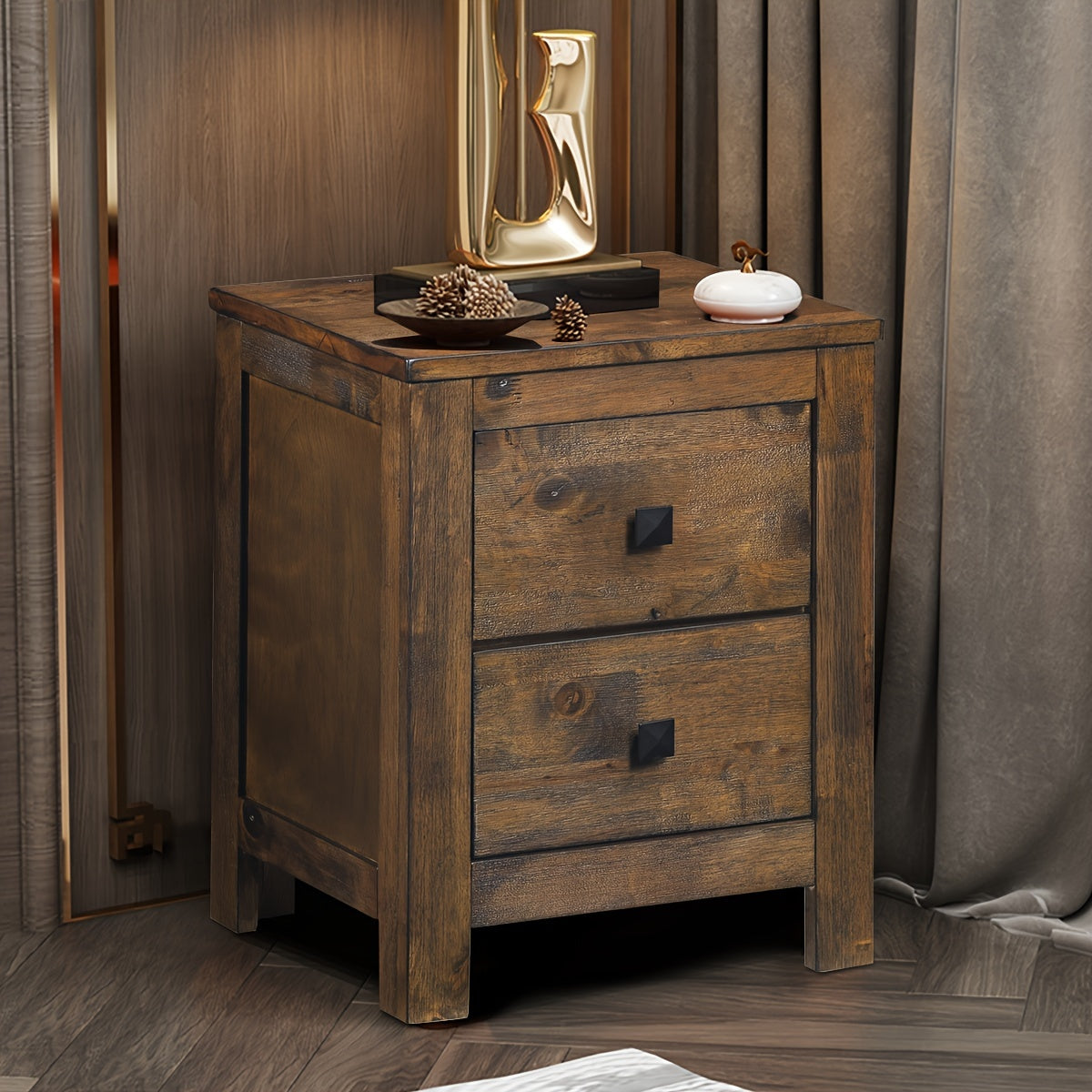 1pc Rustic Wooden Nightstand With 2 Sliding Drawers, 17x21x14.5 Inches, Vintage Bedside Sofa Side End Coffee Table For Bedroom Storage, Farmhouse Style Bedroom Furniture