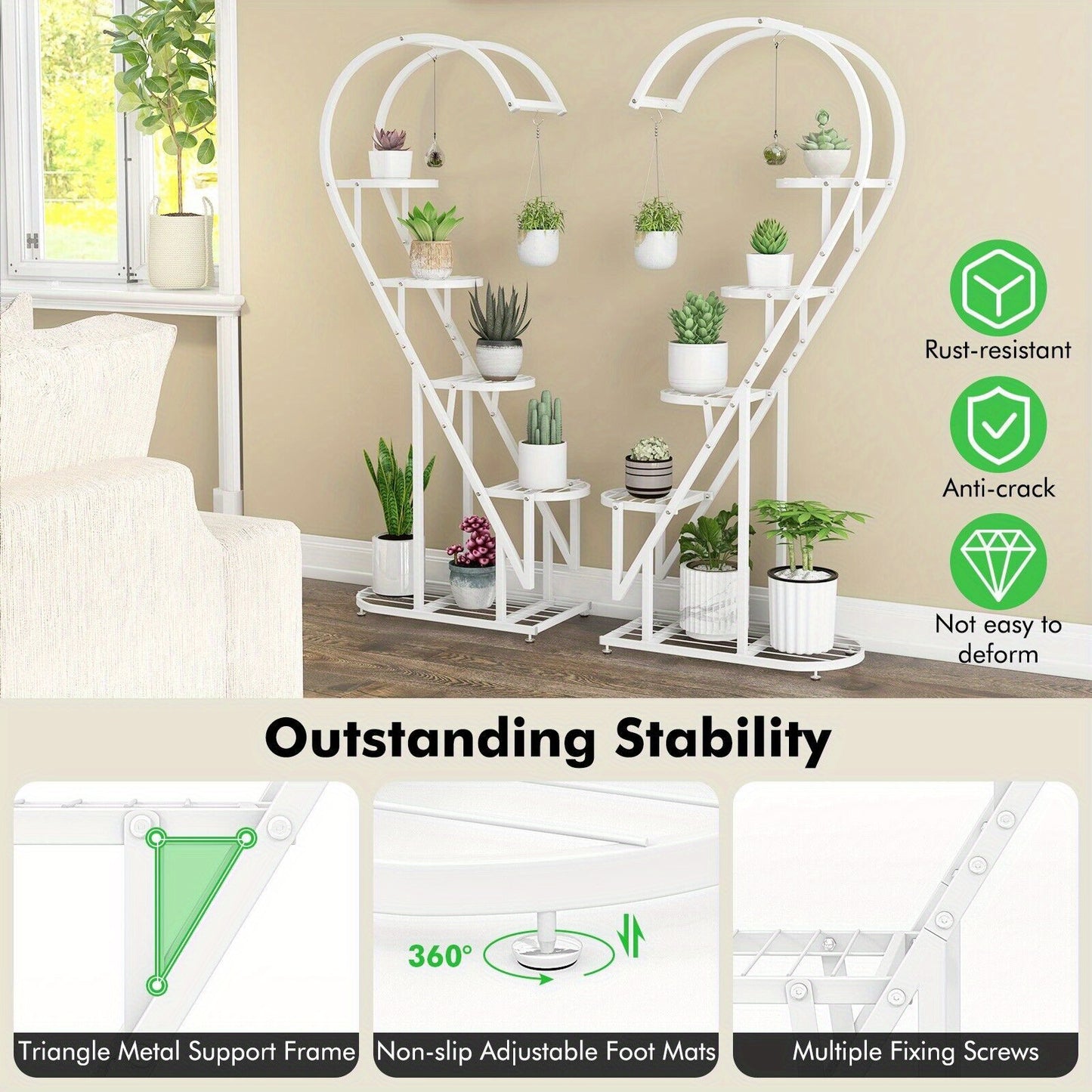 5 Tier Metal Plant Stand, Heart-shaped Ladder Plant Holder w/Hanging Hook for Multiple Plants, Indoor Corner Flower Rack for Home Decor, Patio, Balcony, Garden, Black/White/Pink & Blue
