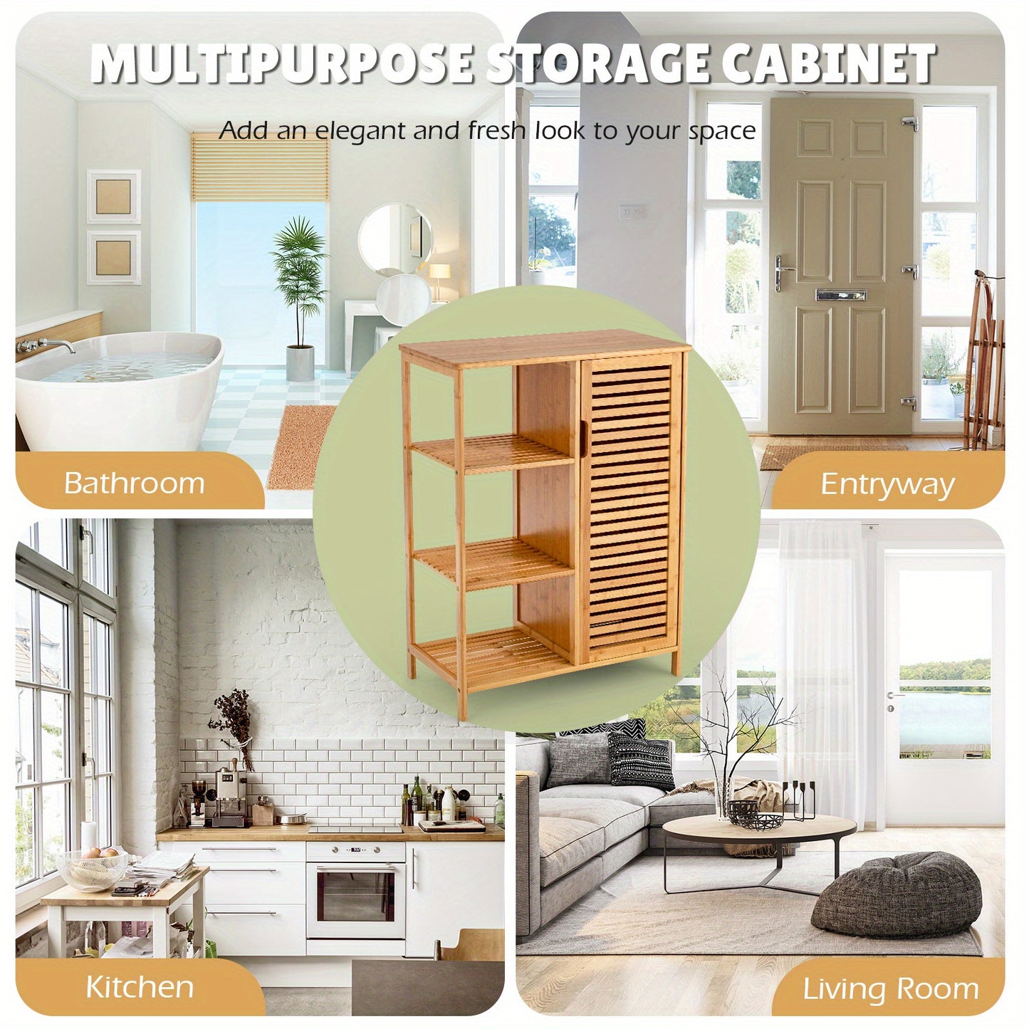 Bathroom Cabinet Bamboo Storage Floor Cabinet w/ Single Door & 3 Open Shelves