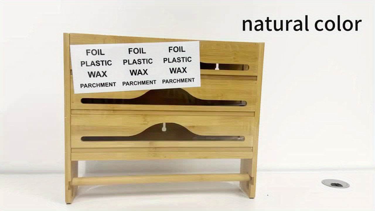 3-Section Bamboo Wrap Dispenser - Kitchen Organizer with Paper Towel Holder, Cutter, and Storage Rack for Foil, Plastic Wrap, Wax, and Accessories - High-Quality, Hand Wash Only, Multi-Purpose Use, Kitchen Storage Solution | Sleek Bamboo Design |