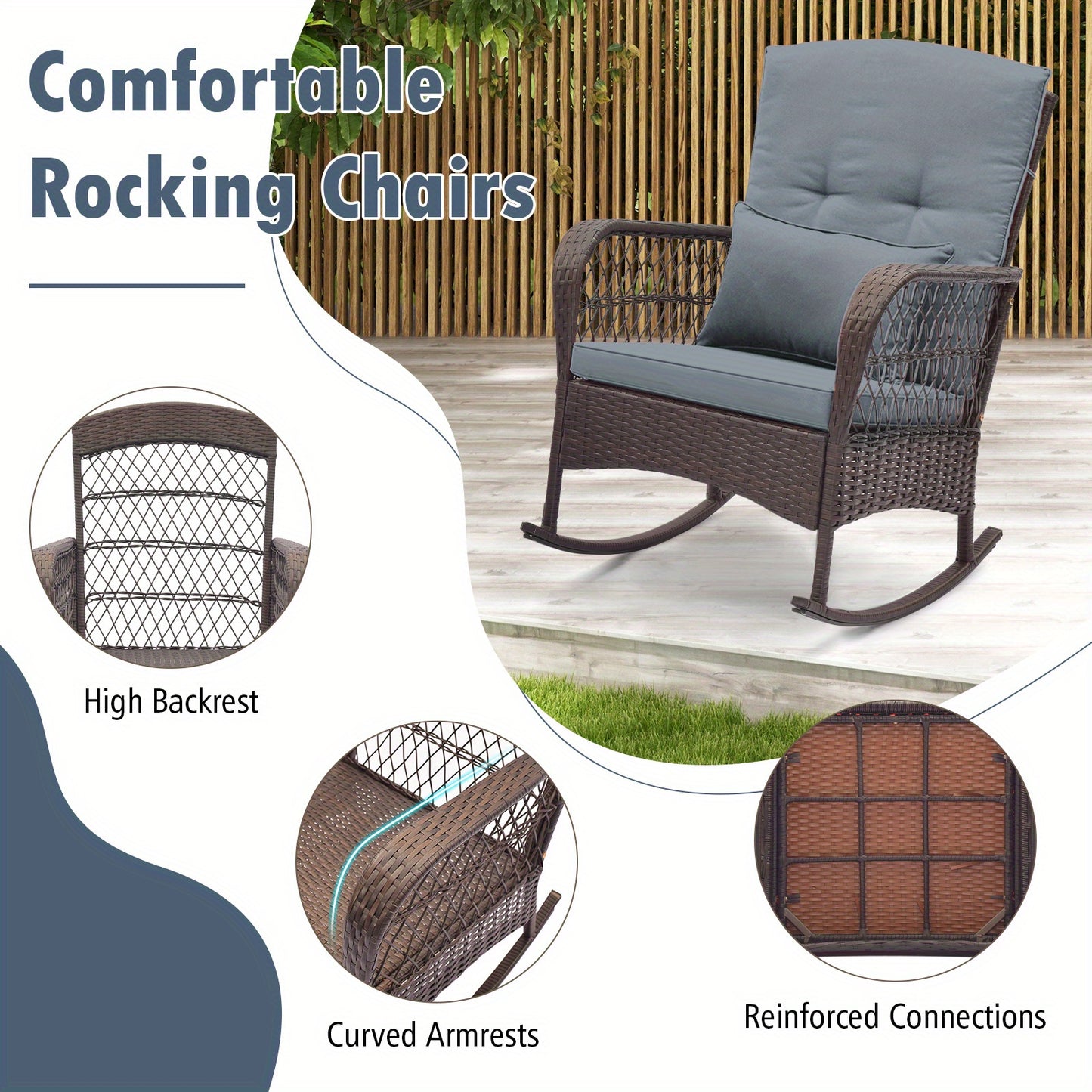 3pcs Patio Rocker Set, Outdoor Wicker Rocking Chairs w/ Double-Layer Coffee Table, Rattan Rocker Chair Set w/ Seat Back Cushions & Pillows, for Porch, Backyard, Poolside.
