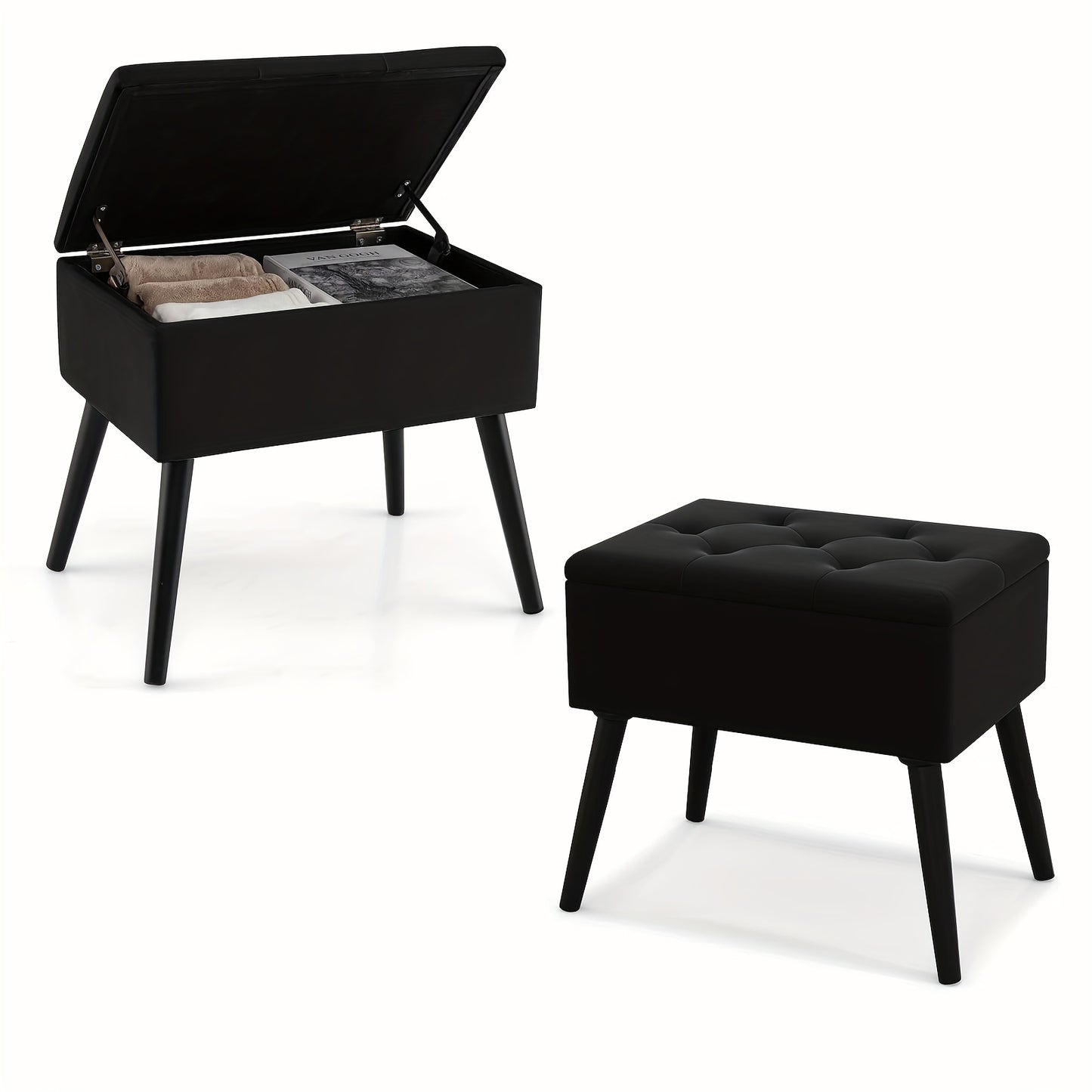 20" Ottoman With Storage - Makeup Vanity Bench With Flip Top Storage, Wood Legs, Upholstered Tufted Storage Ottoman Side Table, Footrest Entryway Stool For Bedroom Living Room.