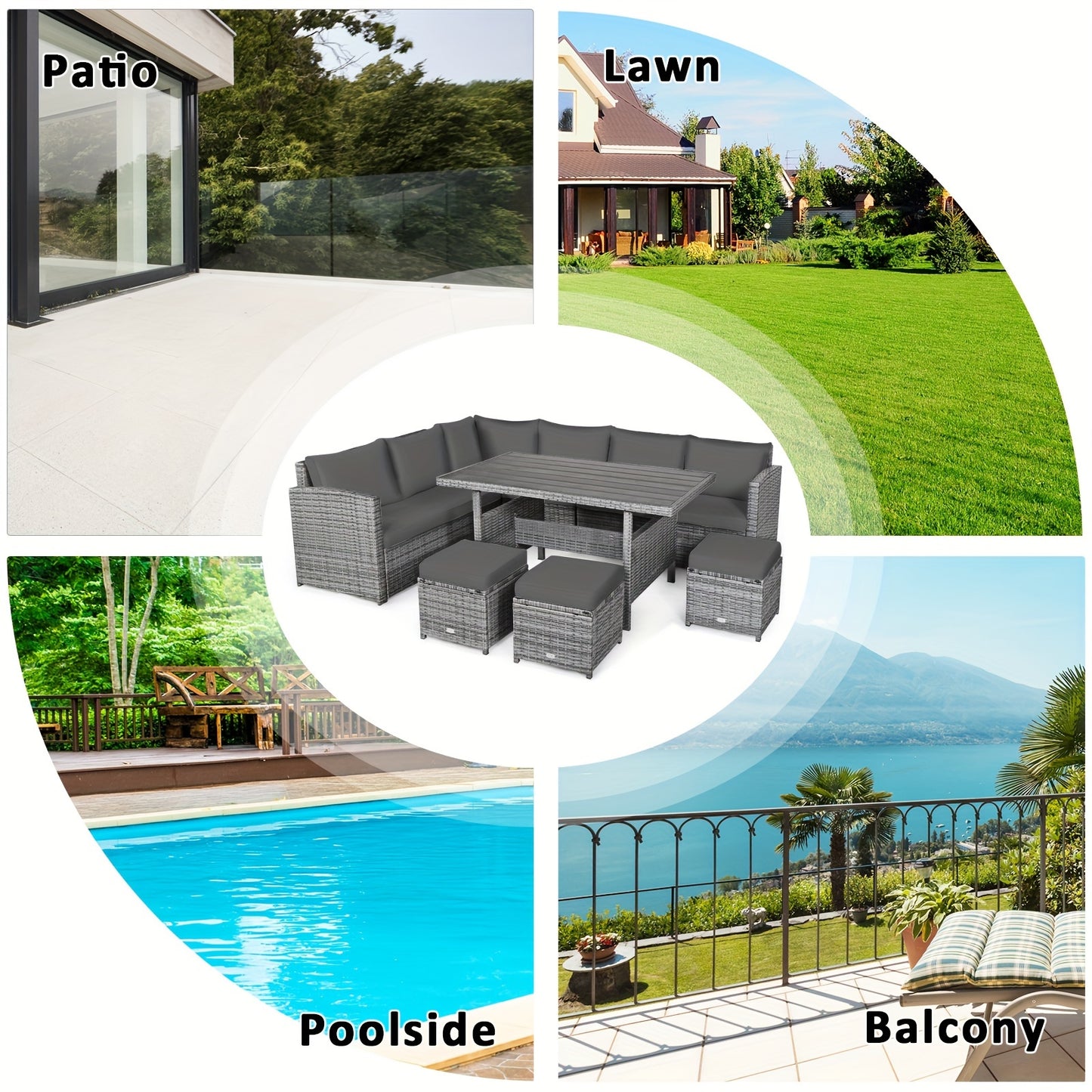 7pcs Patio Rattan Dining Set, Sectional Sofa Couch Ottoman For Garden Gray