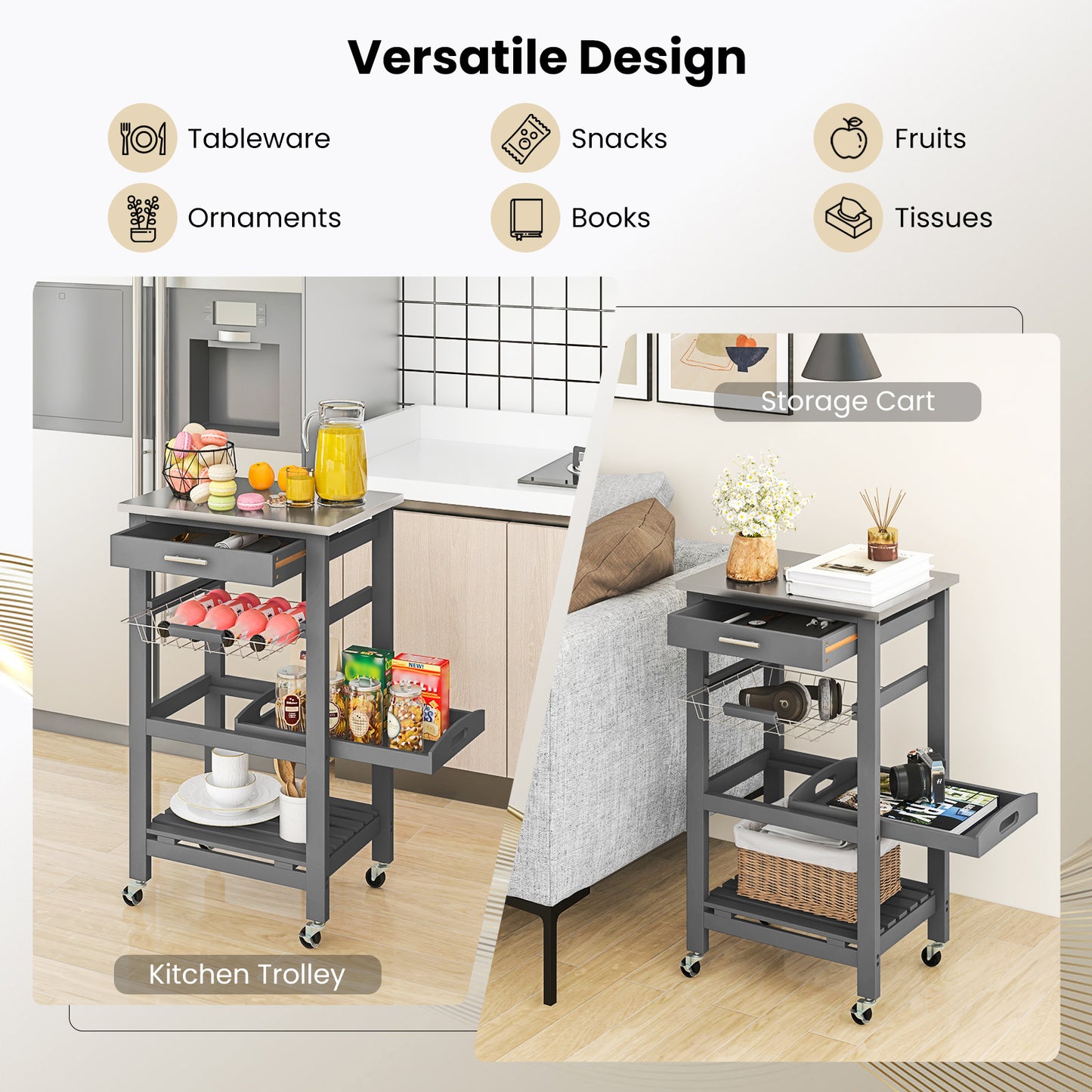 Kitchen Island on Wheels, Rolling Kitchen Cart with Stainless Steel Countertop, Slide-out Metal Wire Basket, Serving Tray, Lockable Casters, Utility Storage Trolley for Kitchen, Dining Room