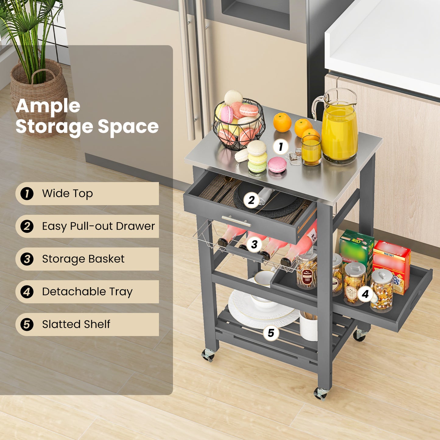 Kitchen Island on Wheels, Rolling Kitchen Cart with Stainless Steel Countertop, Slide-out Metal Wire Basket, Serving Tray, Lockable Casters, Utility Storage Trolley for Kitchen, Dining Room