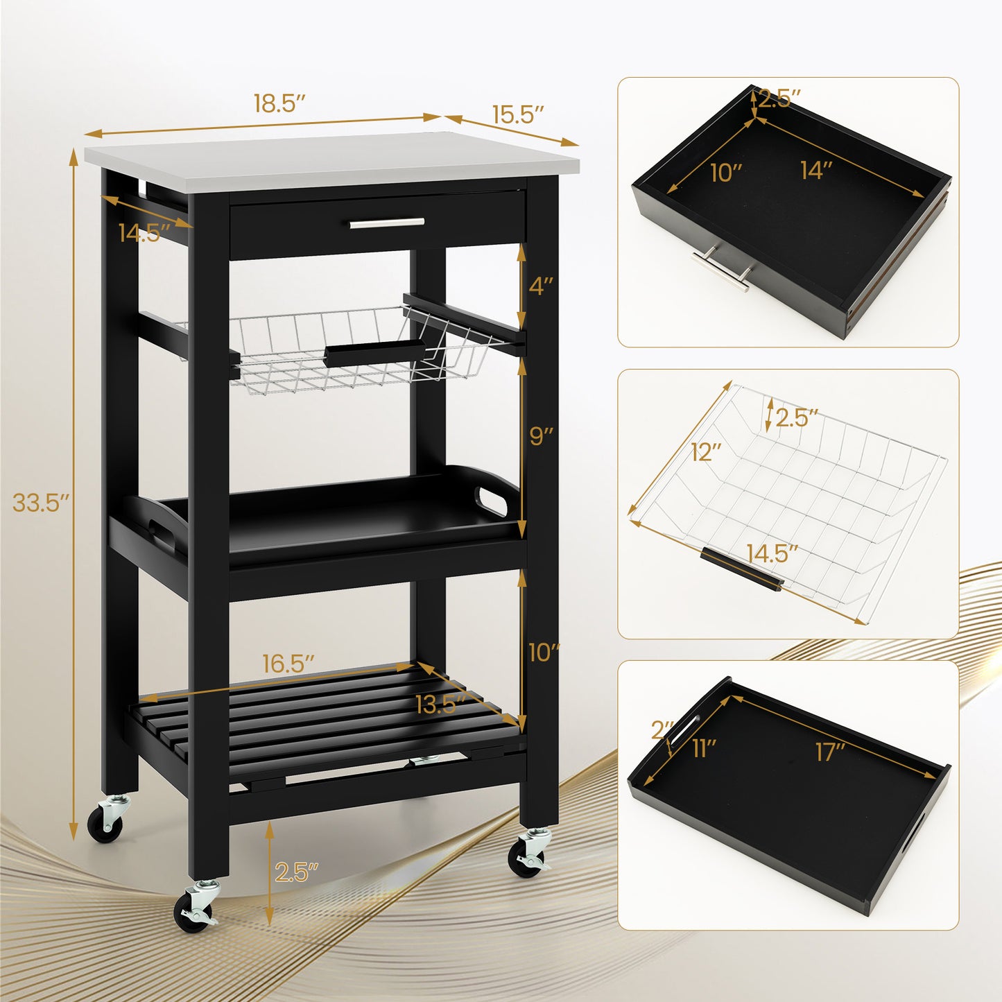 Kitchen Island on Wheels, Rolling Kitchen Cart with Stainless Steel Countertop, Slide-out Metal Wire Basket, Serving Tray, Lockable Casters, Utility Storage Trolley for Kitchen, Dining Room