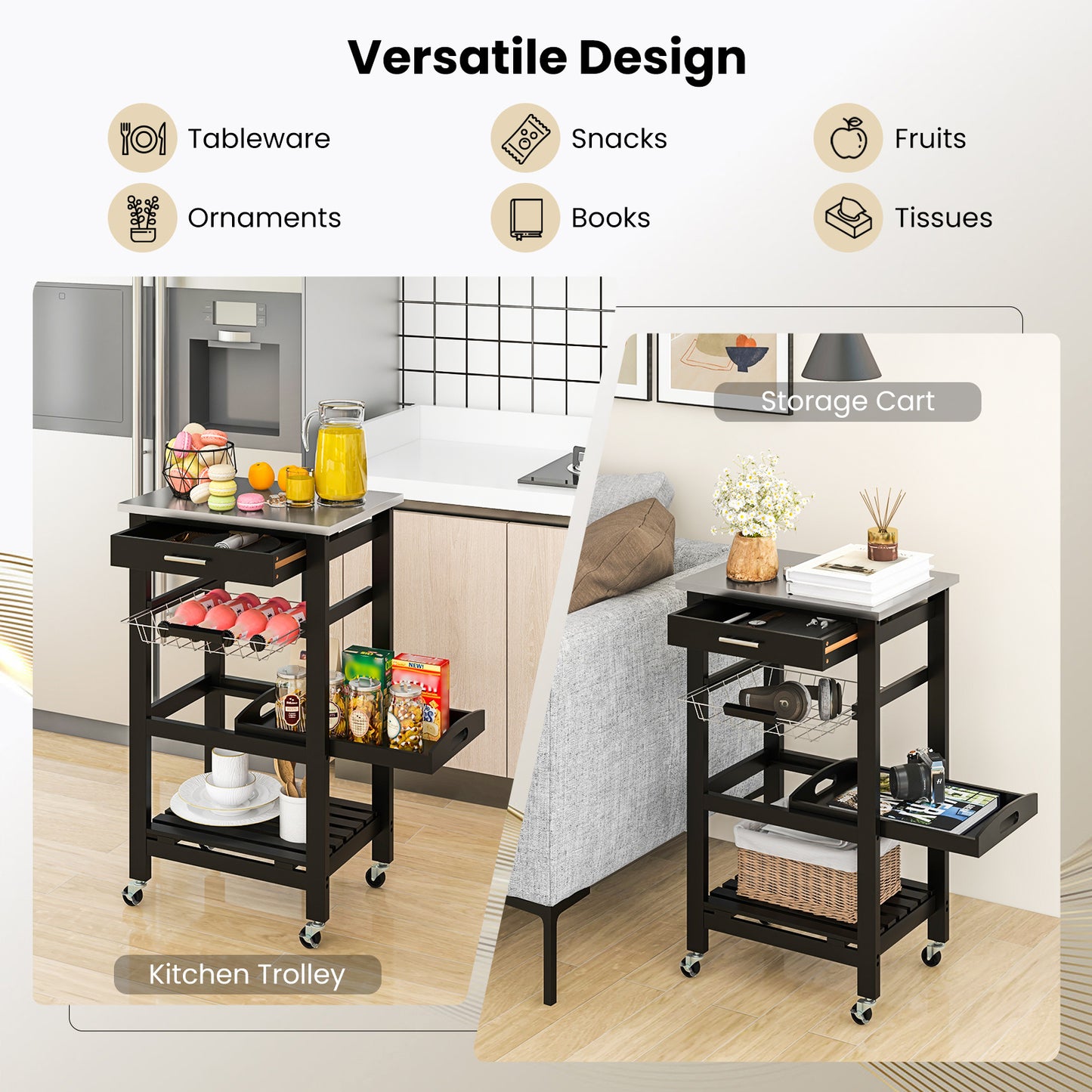 Kitchen Island on Wheels, Rolling Kitchen Cart with Stainless Steel Countertop, Slide-out Metal Wire Basket, Serving Tray, Lockable Casters, Utility Storage Trolley for Kitchen, Dining Room