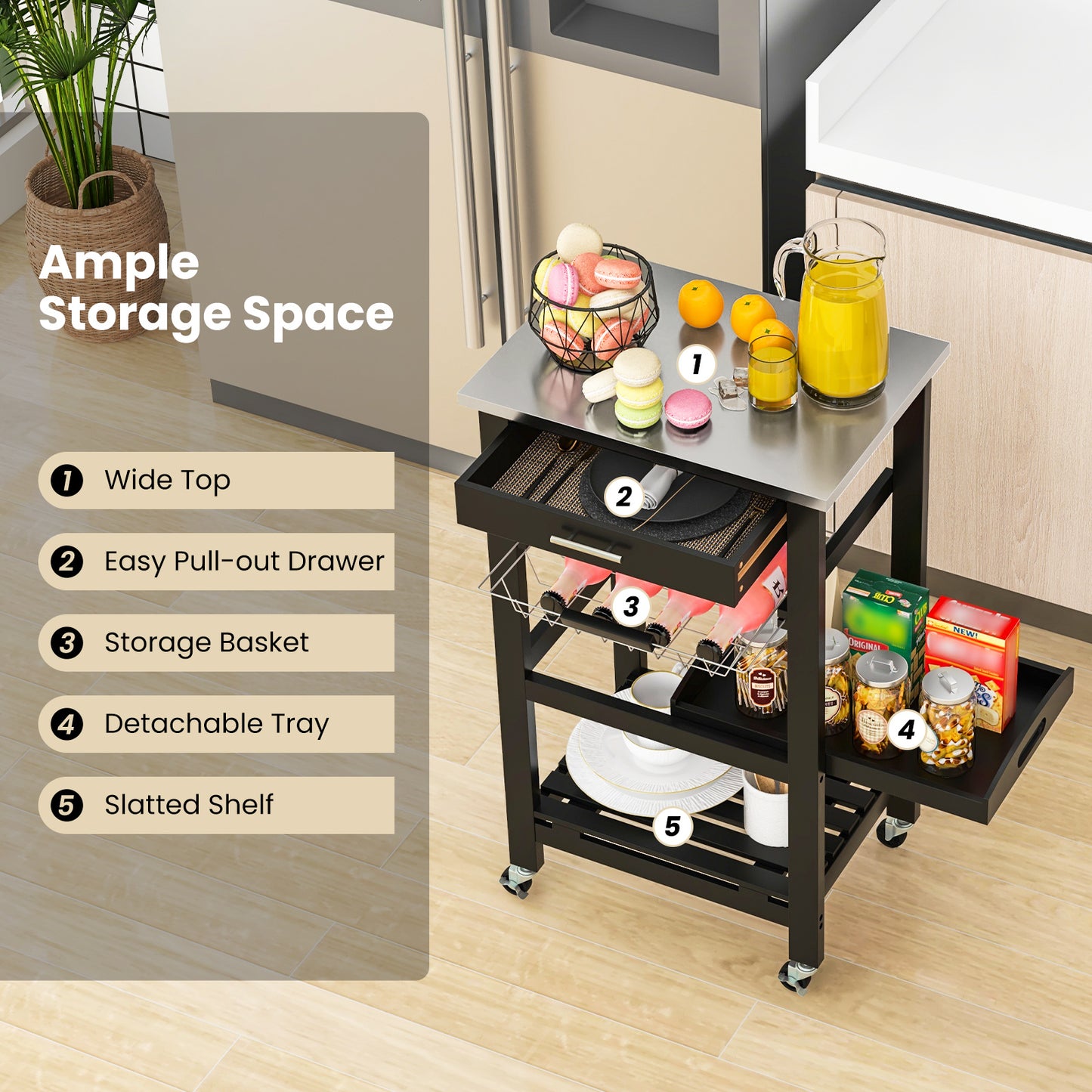 Kitchen Island on Wheels, Rolling Kitchen Cart with Stainless Steel Countertop, Slide-out Metal Wire Basket, Serving Tray, Lockable Casters, Utility Storage Trolley for Kitchen, Dining Room